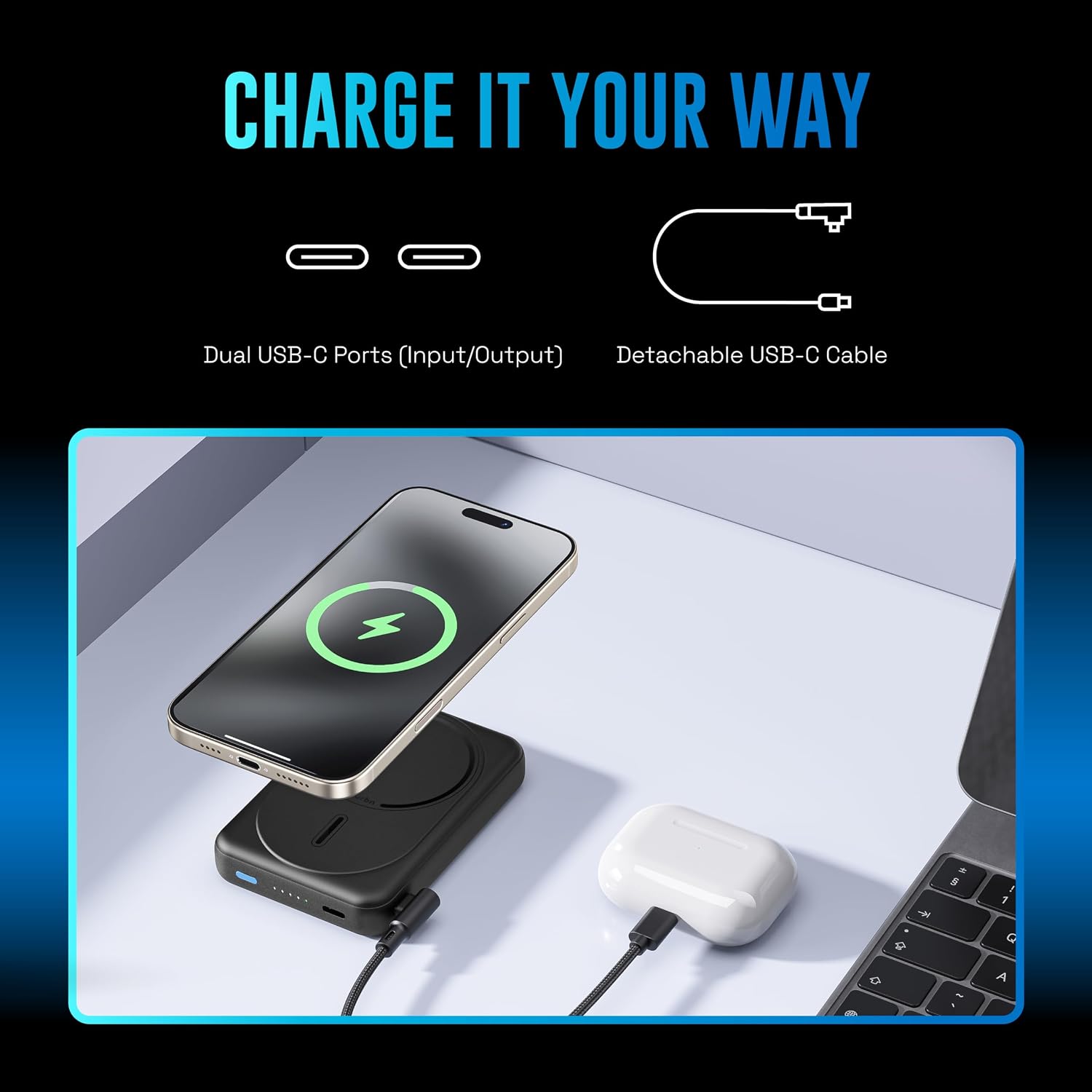 Diagram showing key features of the URBN power bank: 15W Wireless Charging, 20W Wired Charging, Aluminium Stand, Detachable USB-C to C Cable, Power Delivery Compatible, MagTag Ring Included, Dual USB-C Port (Input/Output), Strong Magnetic Hold, Battery Health Protection.