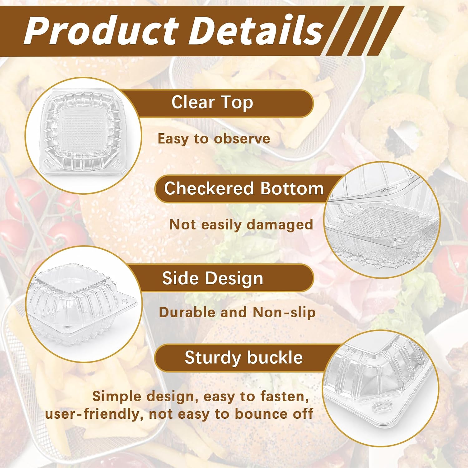 6"x6"x3" Plastic Clear Clamshell Food Containers 100 Pack | Disposable Hinged Plastic Boxes, Stackable Take Out Container for Hamburger, Salad, Fruit, Dessert
