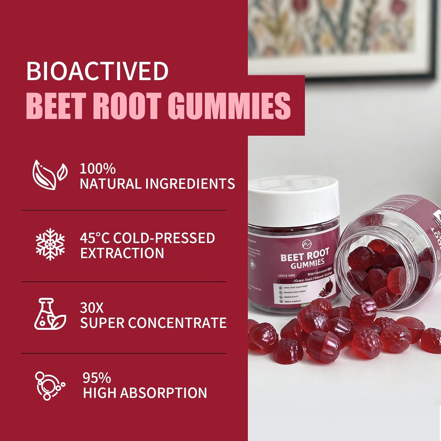M inch Beet Root Gummies, Blood* Pressure Support & Nitric Oxide Booster, 8-in-1 Wellness Formula with Grape Seed, Coq10, Folic Acid, Vitamin C, B3 & B12, Sugar Free, Vegan, Pomegranate Flavor, 2 Pack - Image 2