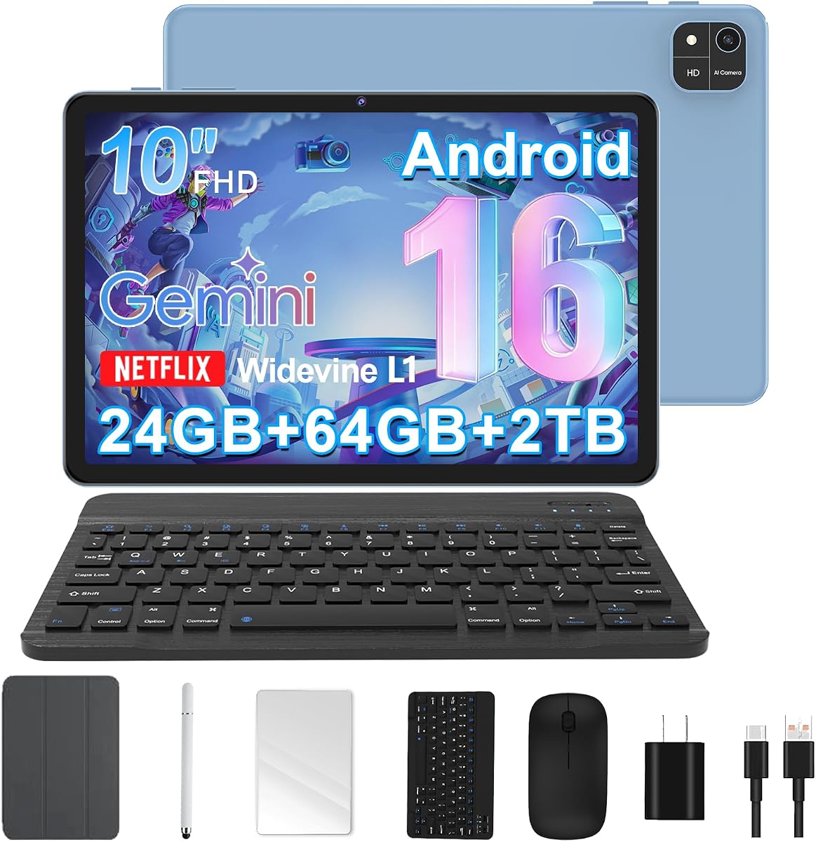Android 16 Tablet, 10 Inch Tablet with Octa-Core, 24GB RAM 64GB ROM 2TB Expand, Gemini AI, 6000mAh, WiFi, GPS, Dual Camera, BT 5.0, 2 in 1 Tablets PC with Keyboard, Case, Mouse, Stylus