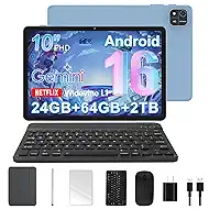 Android 16 Tablet, 10 Inch Tablet with Octa-Core, 24GB RAM 64GB ROM 2TB Expand, Gemini AI, 6000mAh, WiFi, GPS, Dual Camera, BT 5.0, 2 in 1 Tablets PC with Keyboard, Case, Mouse, Stylus (Blue)
