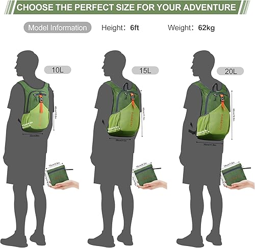 Miniatura 6 de FIORETTO Mochila de senderismo de 15 litros para mujeres y hombres, mini mochila plegable ligera para acampar viajes al aire libre, Verde