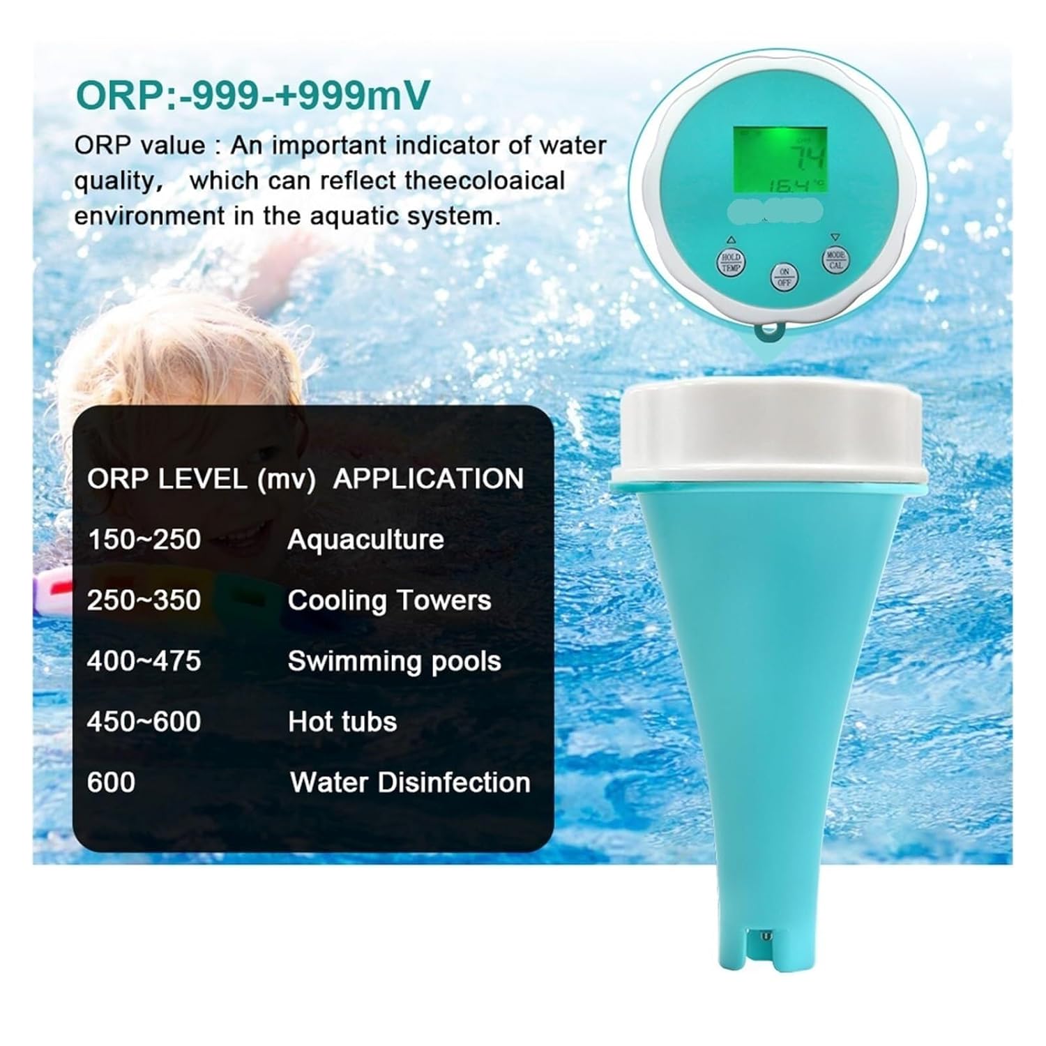 Water Detector, Digital Meter Portable Water Quality Detector 6 in 1 Temperature Chlorine Display in Tester for Swimming Pool for Home,for Drinking Water