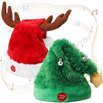 Gfilay Music Swinging Electric Christmas Hat 2-Pack - Dancing Tree Hat & Reindeer Antlers Hats with Singing and Dancing Interactive Features, Plush Santa Hats for Adults & Kids