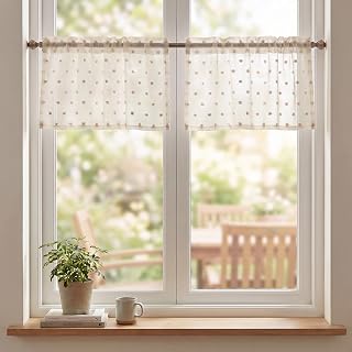 Horaldaily 2Pcs Apricot Sheer Valance 52x14in, Apricot Pom Pom, Boho