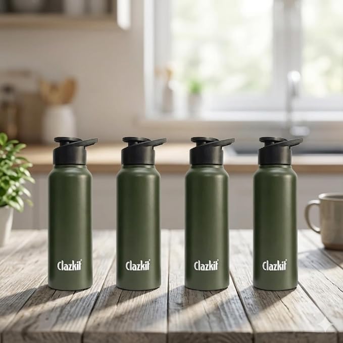 Clazkit Alpha Sporty Stainless Steel Water Bottle Single Wall 750ml Set of 4| Lightweight, Leak-Proof, Reusable | Ideal for School Kid,Office, Gym & Travel | Green