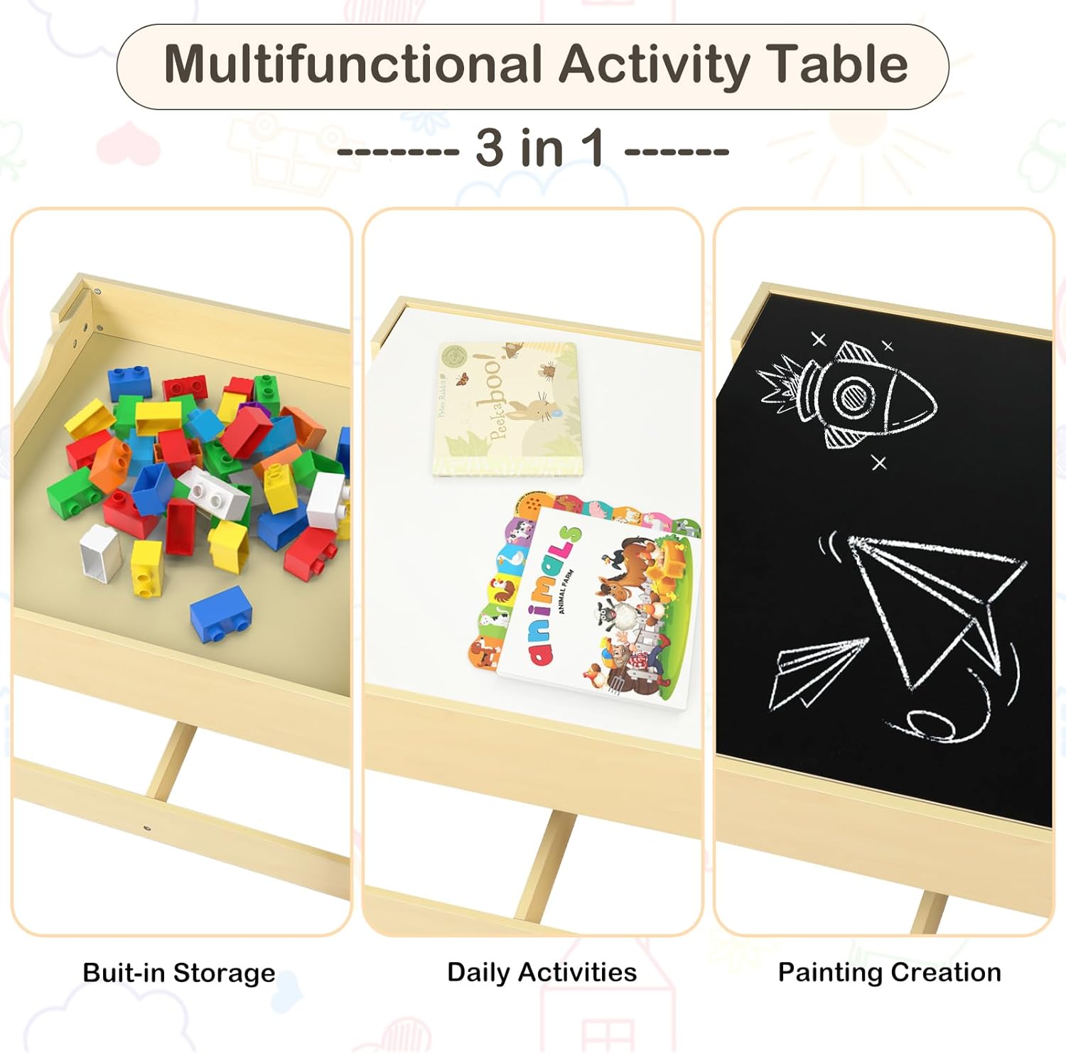 TODEFULL Kids Table and 2 Chairs Set, 2 in 1 Detachable Tabletop, Storage Space W/Storage Drawers, 3 in 1 Wooden Activity Play Table Set for Toddlers Arts, Crafts, Drawing, Reading, Natural