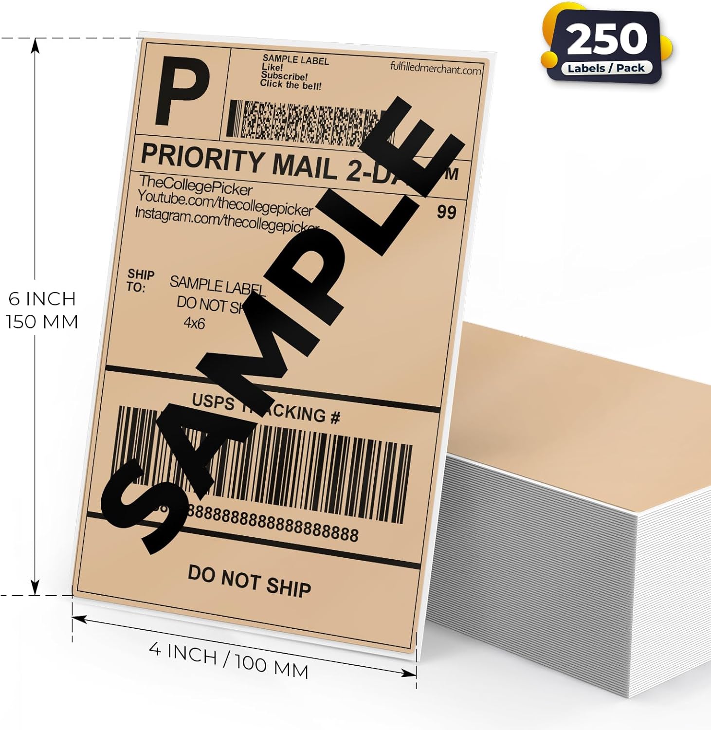 Khaki Shipping Thermal Labels 4 × 6 Inch Vinyl Self-Adhesive Fanfold Direct Stickers Waterproof Perforated Printer Decal for Office Warehouse Home Address 250 PCS - Image 6