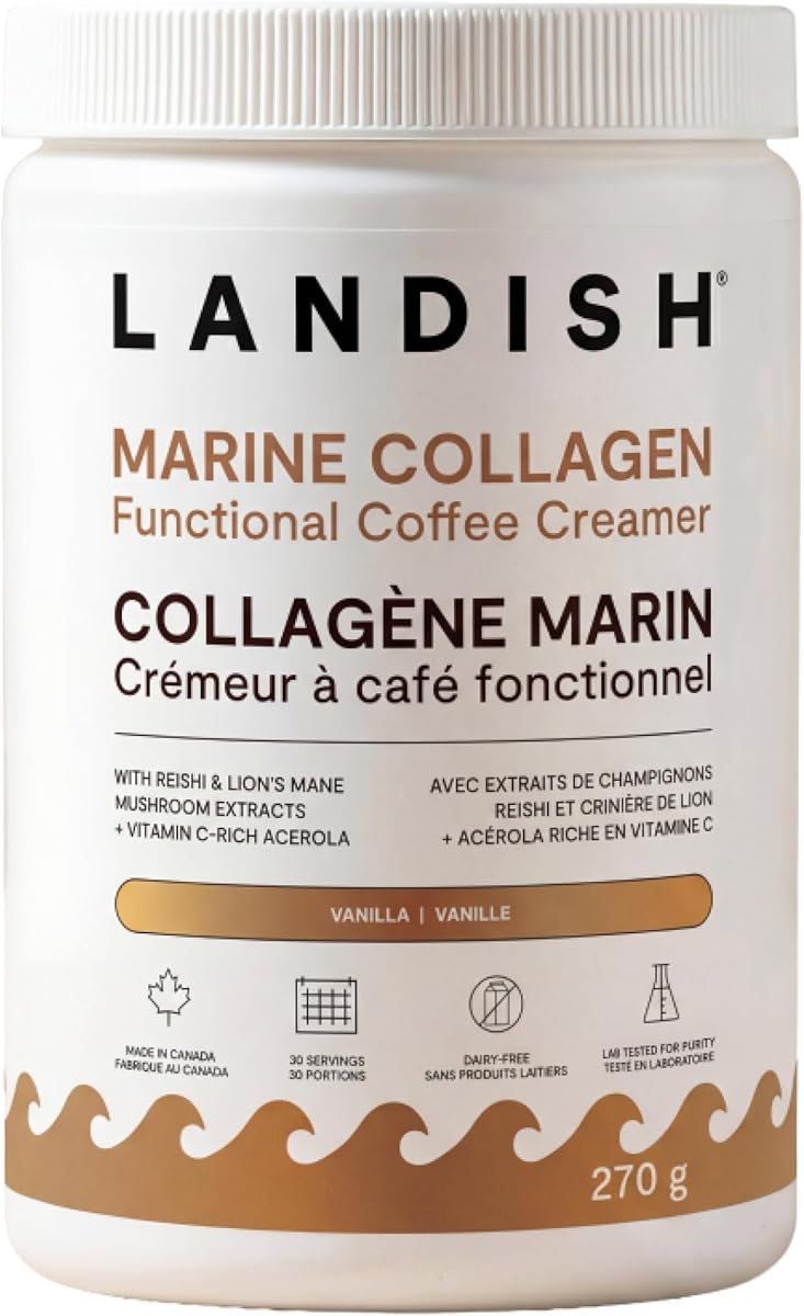 Landish Landish Marine Collagen Coffee Creamer Powder - Wild Marine Collagen, Reishi & Lion’s Mane Mushrooms & Vitamin C - Vanilla Flavour - Dairy-Free, Gluten-Free, No Added Sugar - Made in Canada - 270 g (30 Servings)