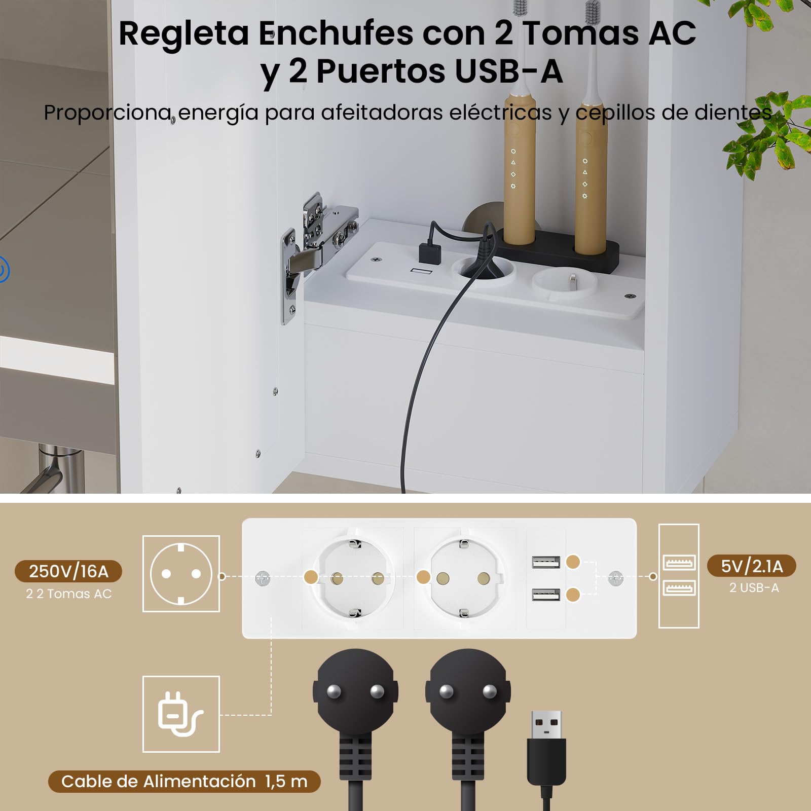 DICTAC Armario con Espejo,iluminación LED y Enchufe Armario Baño de Pared con 3 Puertas Espejo,Mueble Baño de Pared con Espejo y Estantes Ajustable,Mucho Espacio de Almacenamiento,90x60x16cm, Blanco