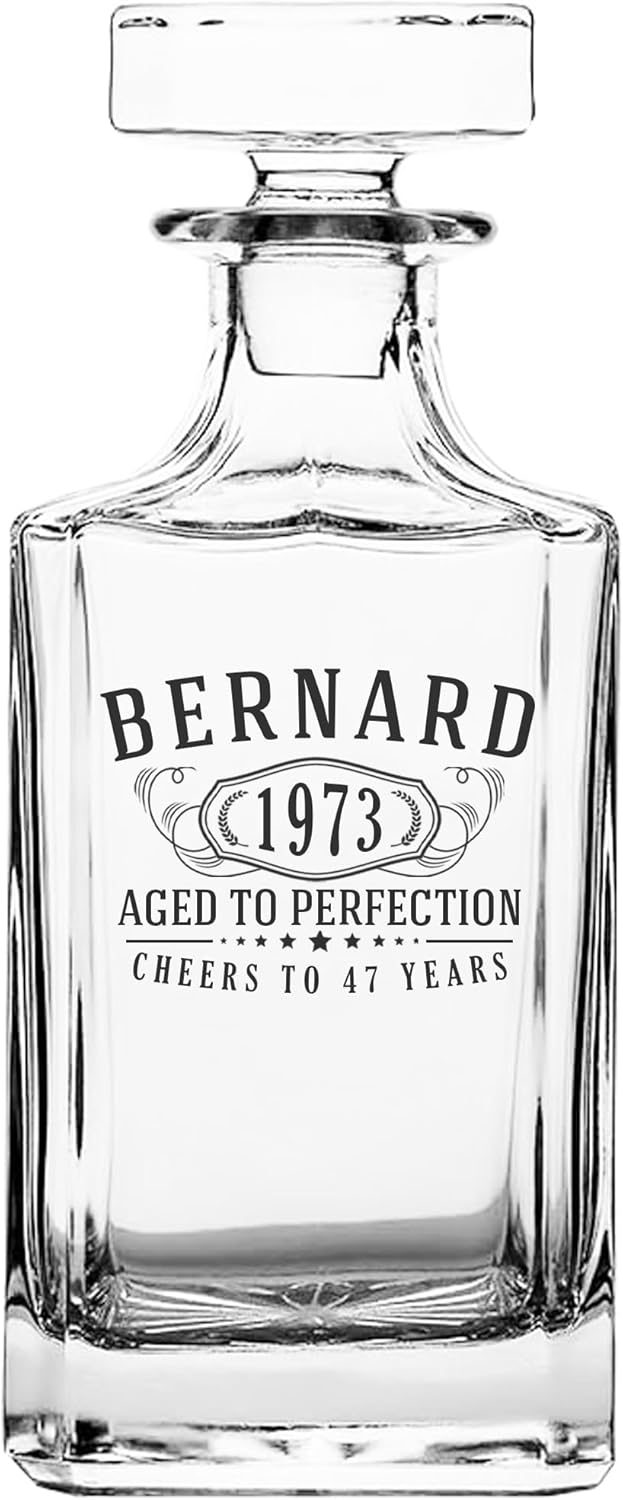 Personalized Print Glass 25oz Whiskey Decanter, Square Bernard, Custom Birthday Fathers Day Gift, Retirement, Anniversary, Housewarming, Customized Bourbon Gifts for Men, Scotch Liquor, Him, Dad