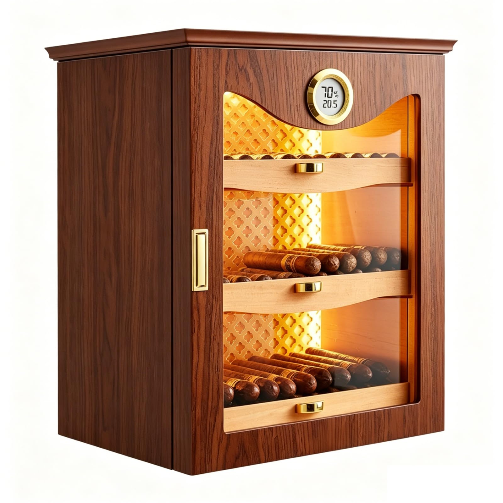 ZHENYUWANG Cigar Humidor, Holds 130 Cigars, Made Of Cedar Wood, Layered Design, Built-In Humidifier Walnutcolor