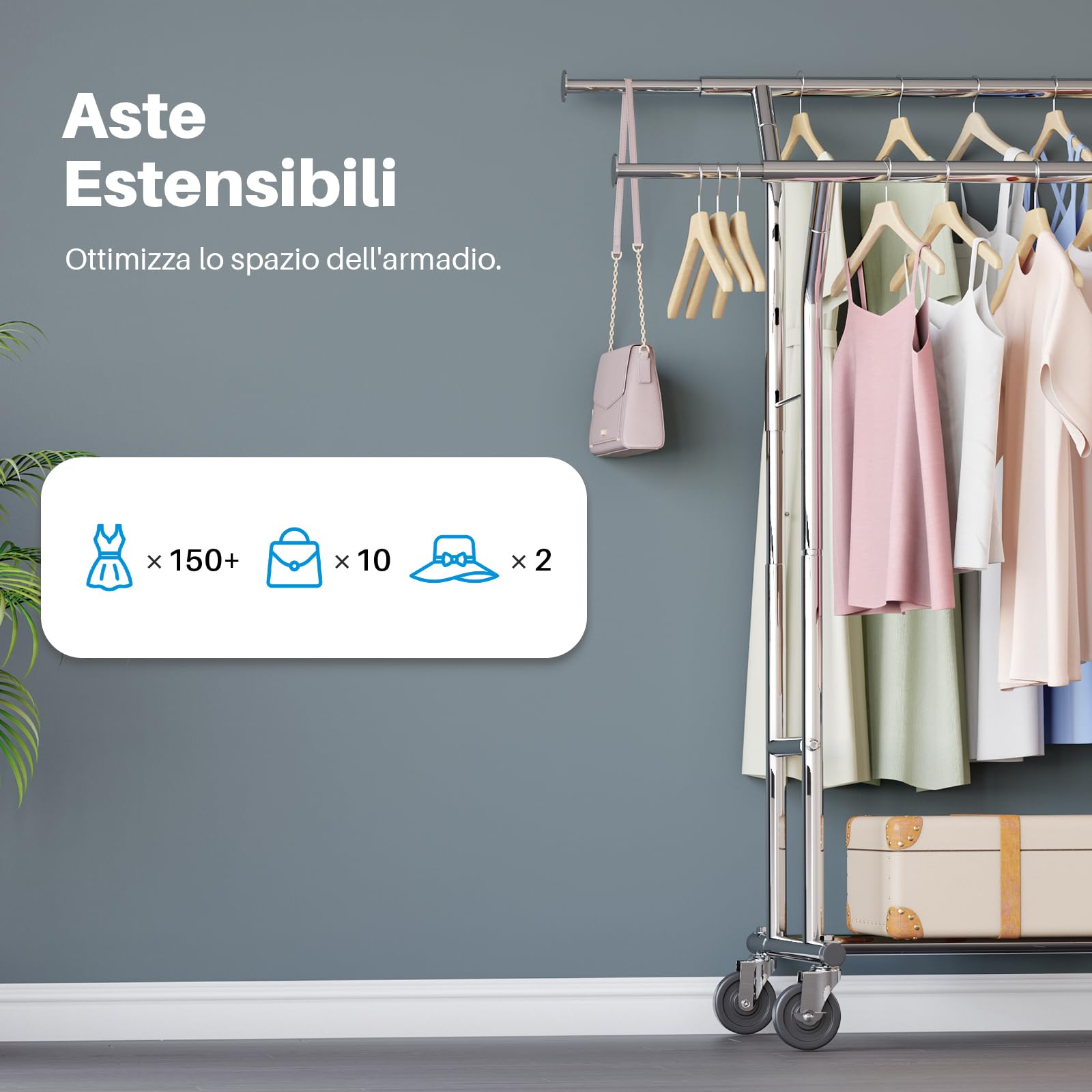 HOKEEPER Appendiabiti doppio resistente, regolabile, pieghevole, con ruote, capacità di carico di 180 kg, per abbigliamento commerciale, finitura cromata
