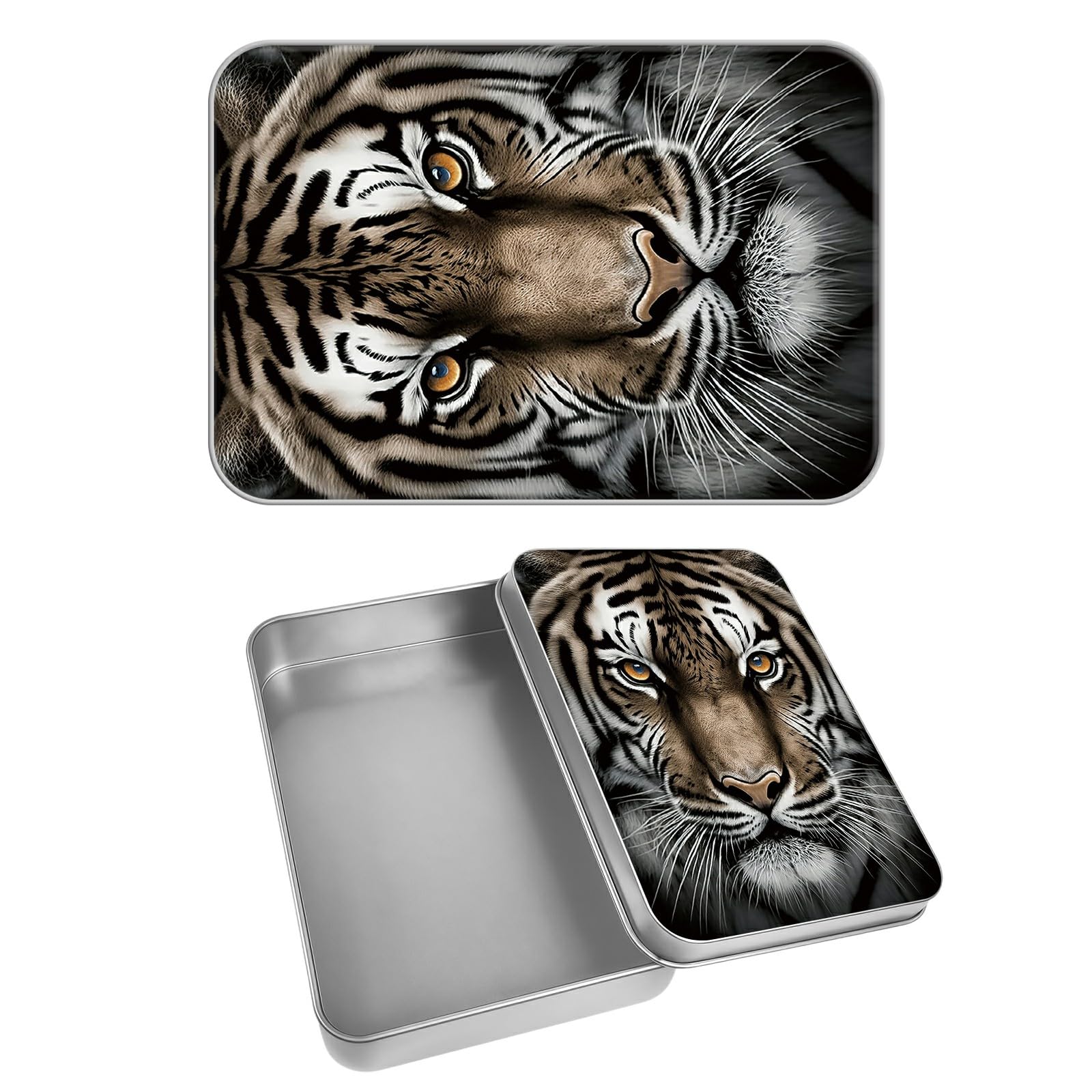 Rectangular Metal Tin Box with Removable Lid, Tiger Decorative Printed Metal Storage Container for Cash Ticket Credit Card Check 3.46 x 2.36 x 0.7 inch– Single Pack