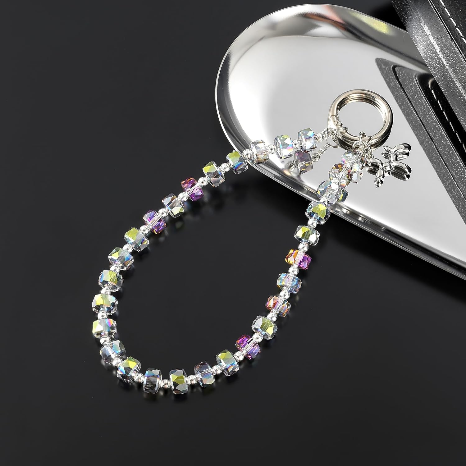 Crystal Phone Wrist Strap Phone Charm Chain Keychain Beaded Cellphone Lanyard with Tether Tab Hands-Free Wristlet Bracelet Wrist Grip Strap for Women, W-Green Purple - Image 6