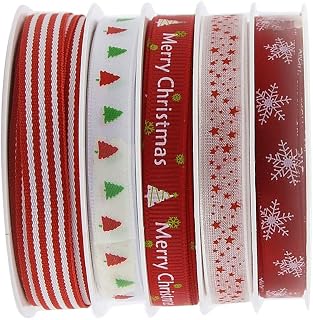 5 rolos de fita de inverno impressa de 25 m 3/8 polegadas, fitas de tecido de cetim de gorgorão, faça você mesmo, laços de cabelo para costura, embrulho de presente, fita de Natal, acessórios de festa, artigos de artesanato