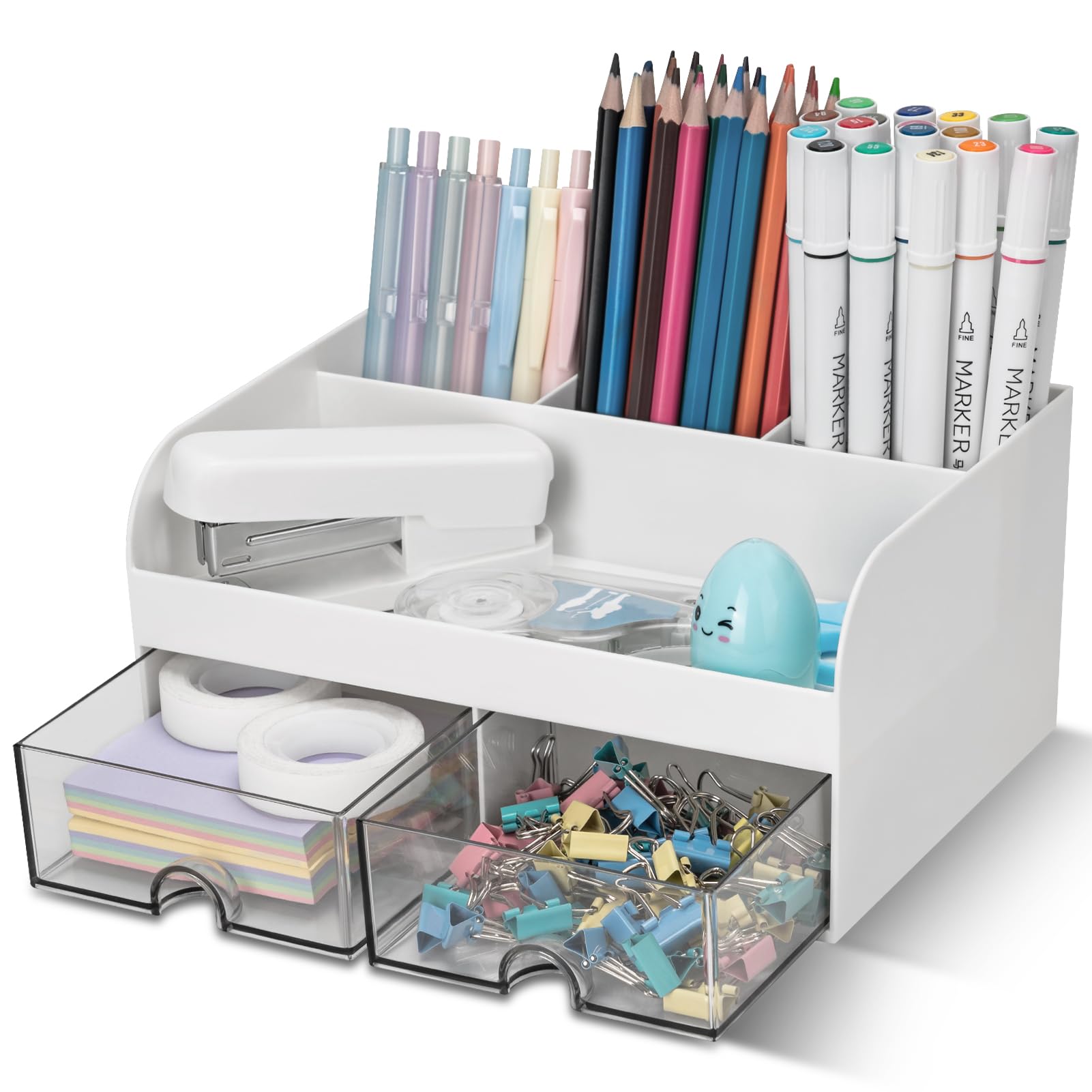 QIYVLOS Desk Organizer with 2 Drawer, Multi-Functional Pencil Pen Holder for Desk, Desk Organizers and Storage with 6 Compartments, Desktop Organizer for Office Home Art Supplies (White)