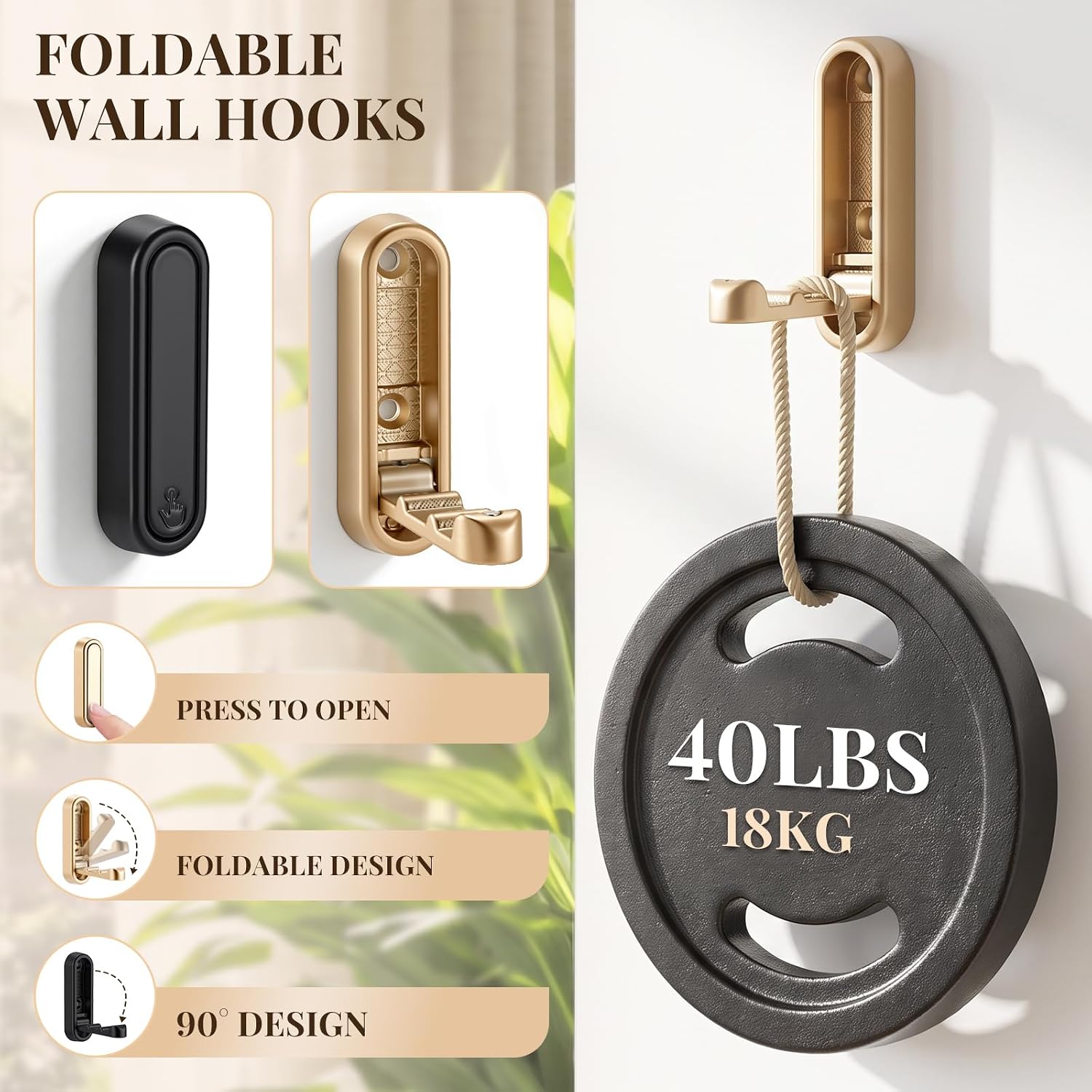 8Pcs Foldable Wall Hooks, Heavy Duty Zinc Alloy Folding Coat Hooks, Hidden Flip Down Hangers for Bathroom Kitchen Entryway Hanging Clothes, Bags, Hats, Towels, Keys