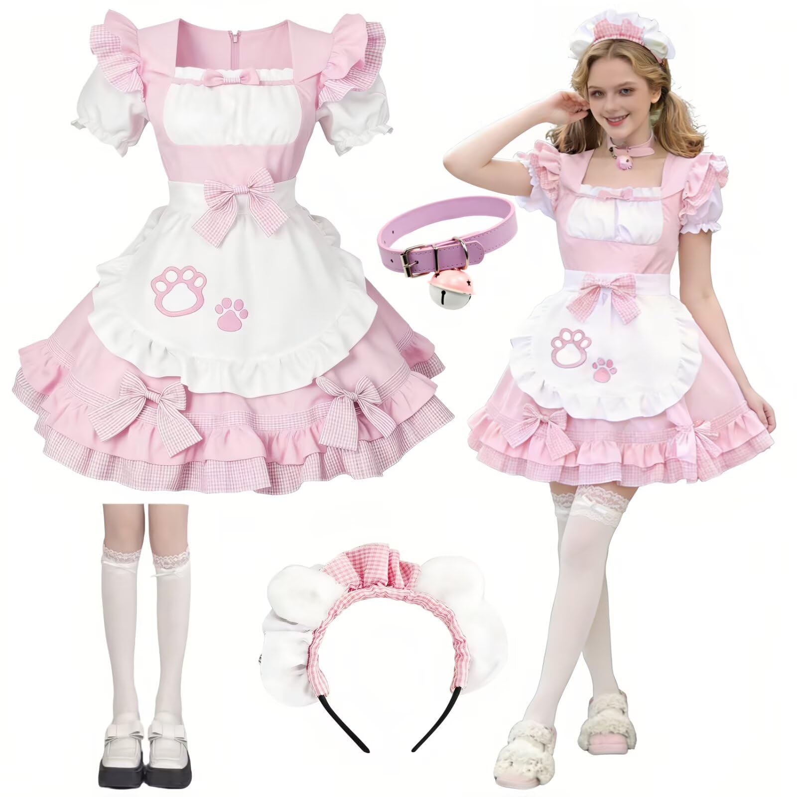 Maid Outfit Déguisement Lolita Cosplay Anime Outfit French Maid avec Oreilles de Chat Collier Cloche Chaussettes Costume de Soubrette Chat pour Halloween Carnaval Fête Cosplay Noël