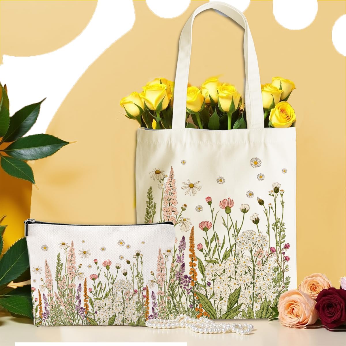 Aesthetic Flower Wildflower Canvas Tote Bag Makeup Bag, Cosmetic Bags for Women Girls Sister Mom Plant Lovers Birthday Christmas Gradaution Reusable Grocery Bags with Inner Pocket for Shopping - Image 3