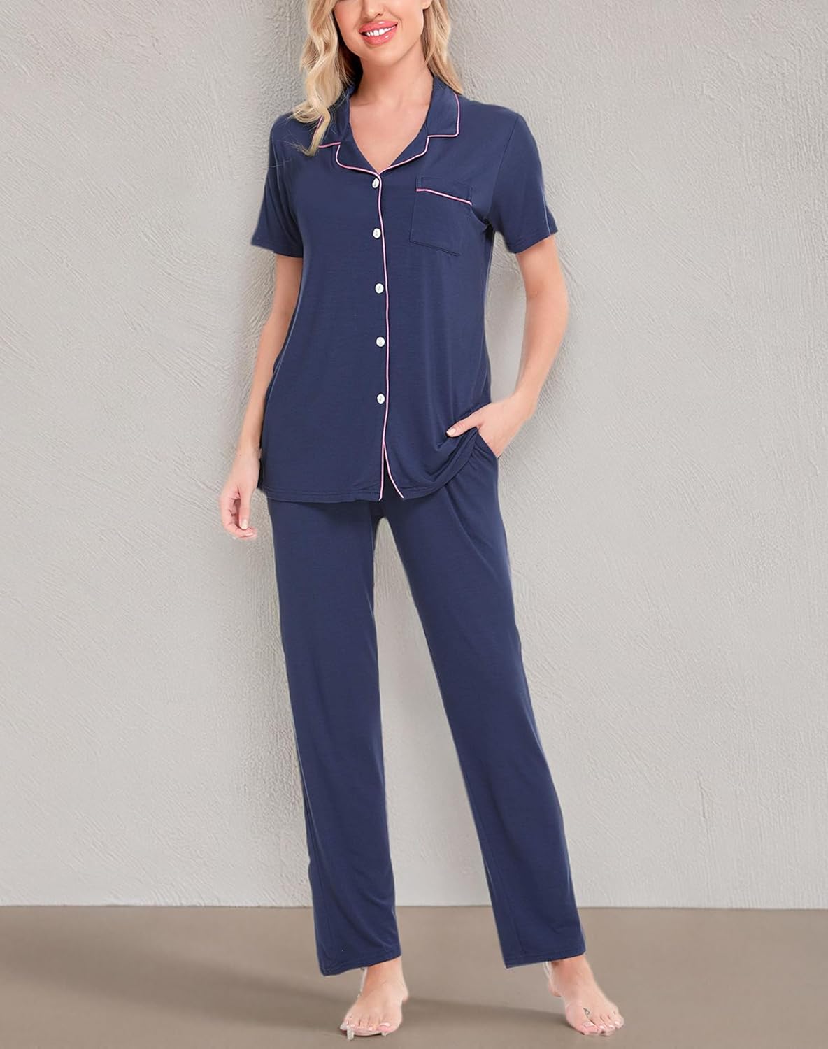SWOMOG Women Pajama Sets Two-Piece Nightwear Short Sleeve Sleepwear Button Down Pj Lounge Sets with Long Pants - Image 7