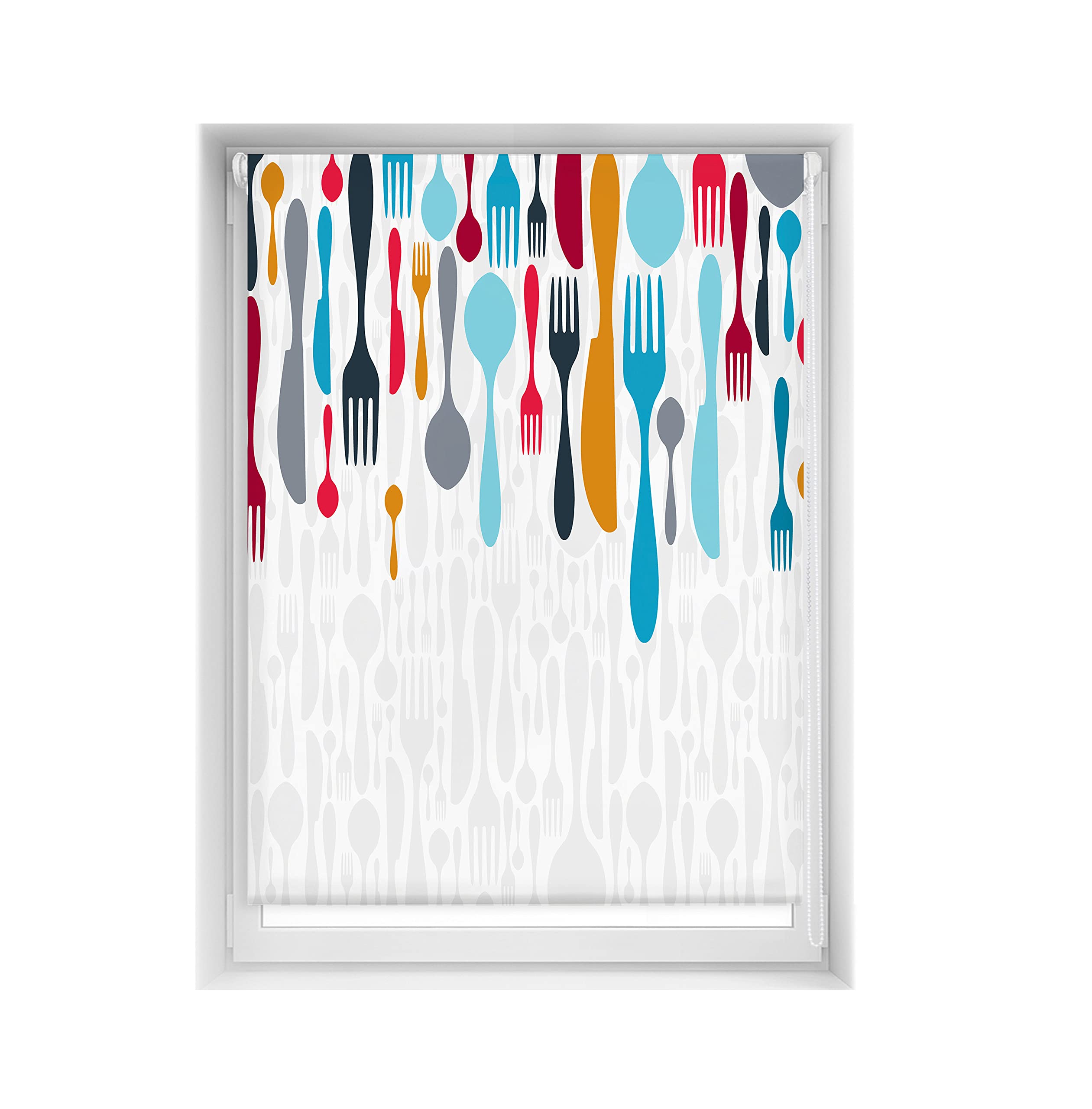 Store enrouleur translucide sans perçage 110x150 cm avec motif couverts cuisine
