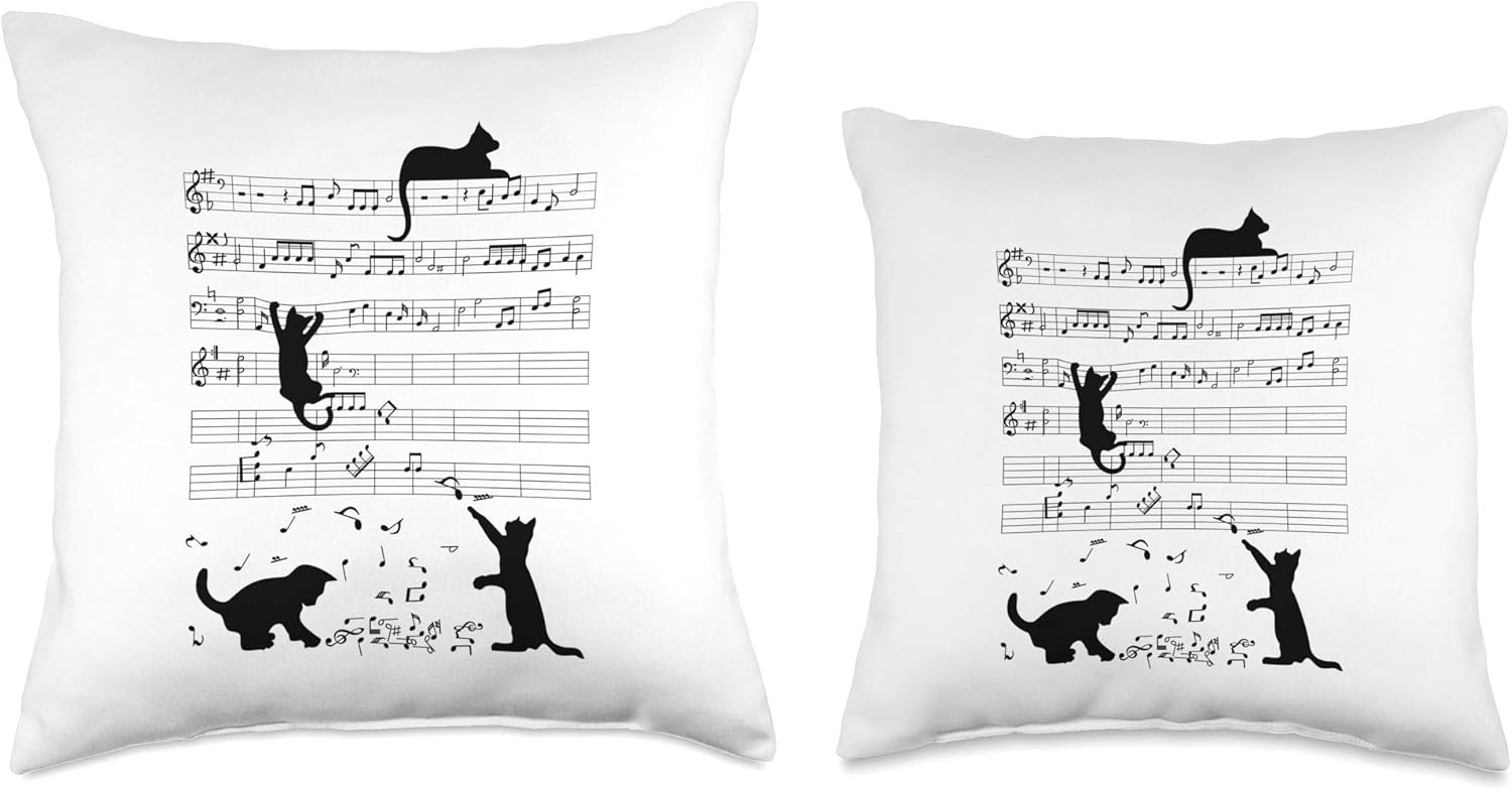 Cute Cat Kitty Playing Music Note Clef Musician Art Throw Pillow