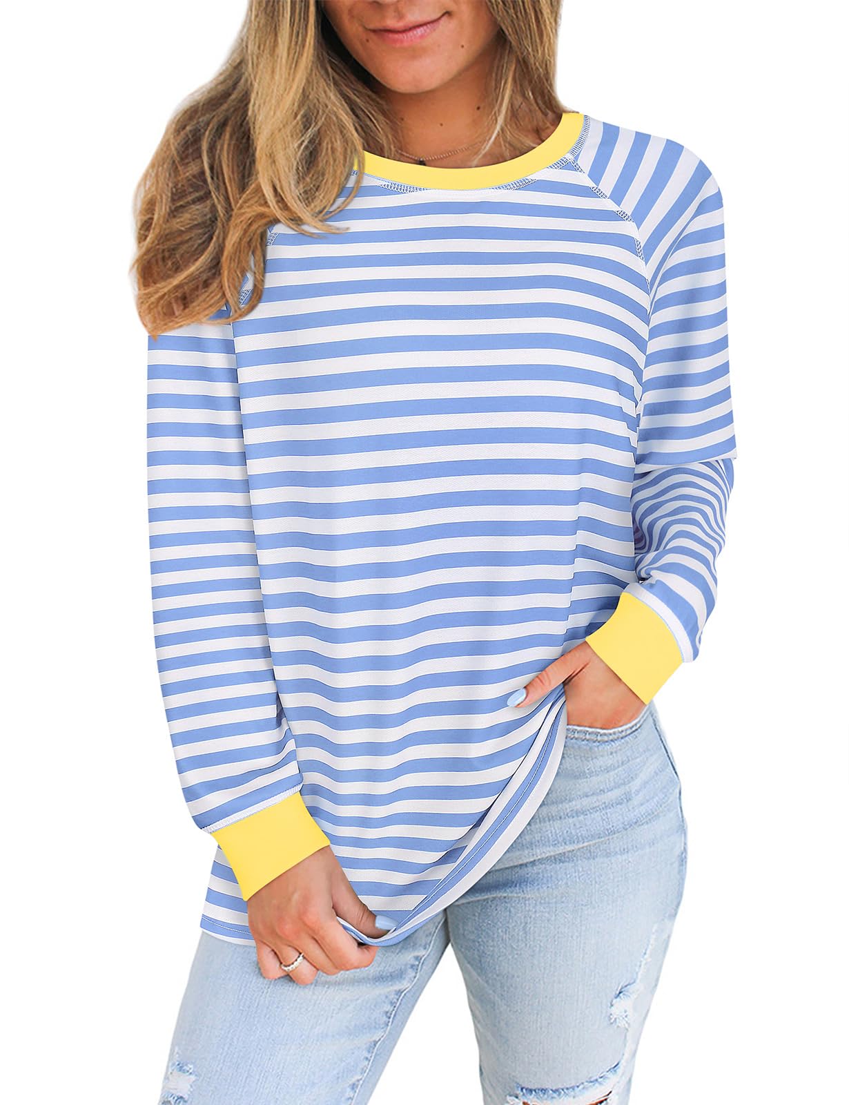 Misyula Style Women Tie Dye Sweatshirt Color Block Long Sleeve Crewneck Oversized Tshirt