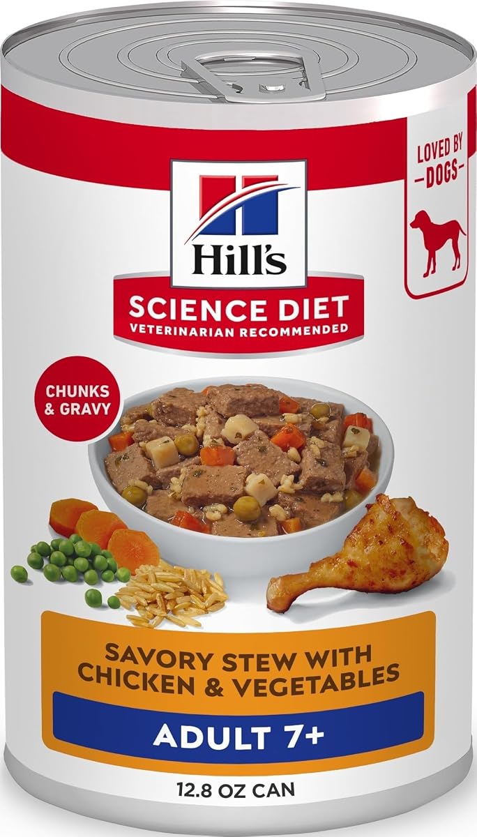 Hill's Science Diet Alimento húmedo para perros adultos 7+ | #1 recomendado por veterinarios, pollo y verduras, 12.8 oz. Latas, paquete de 12