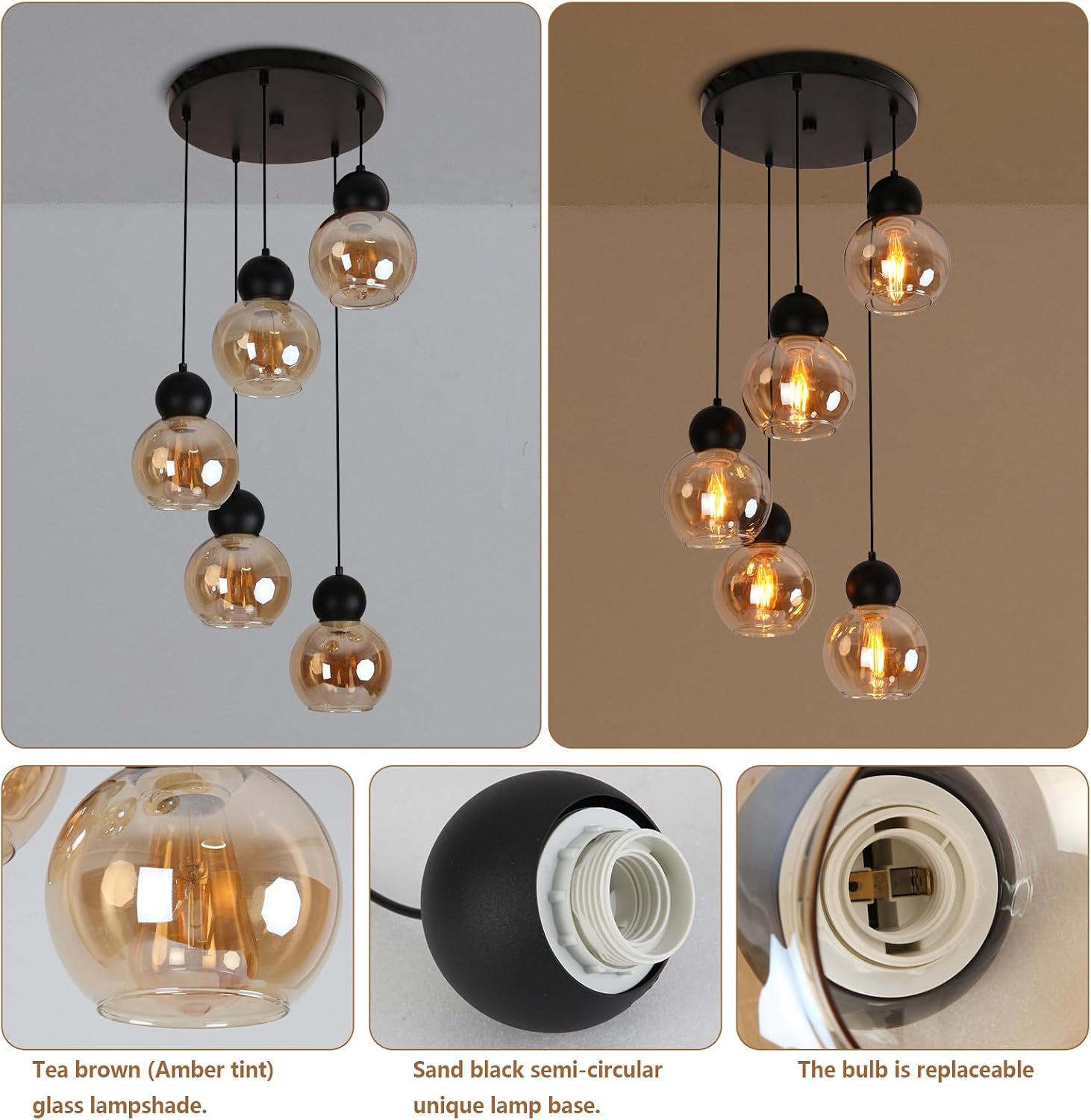 Sedelan 5-Light Pendant Light, Morden Pendant Lights Kitchen Island with Amber Glass, Multi Cluster Globe Pendant Lighting for Stair Dining Room Living Room, Adjustable Height Ceiling Hanging