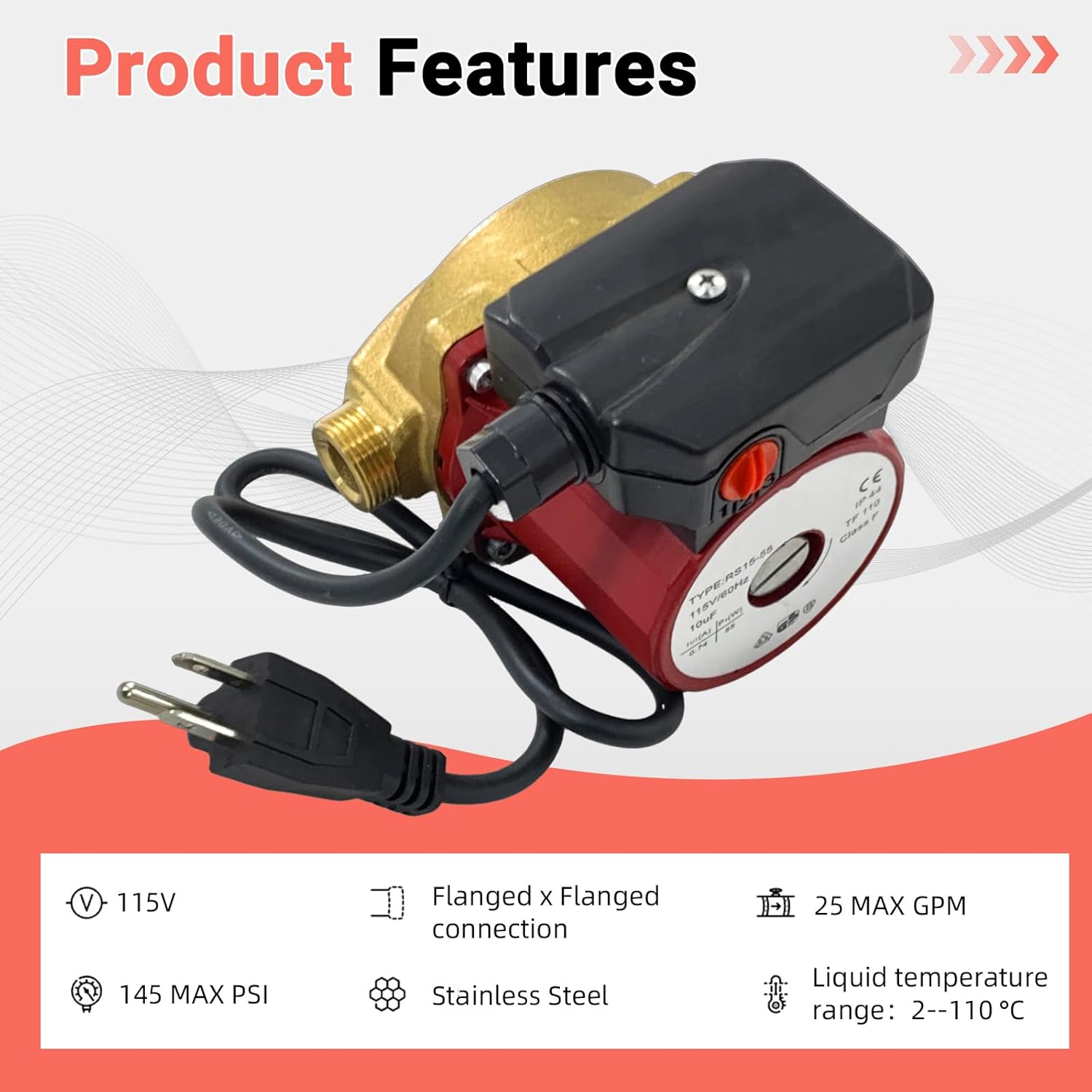 UPS15-55SUC 59896781 3-Speed Stainless Steel Circulator Pump Compatible with Grundf-os Open System SuperBrute w/IFC Removable Check Valve 1/2" Union 1/8HP 115V 3/25 HP