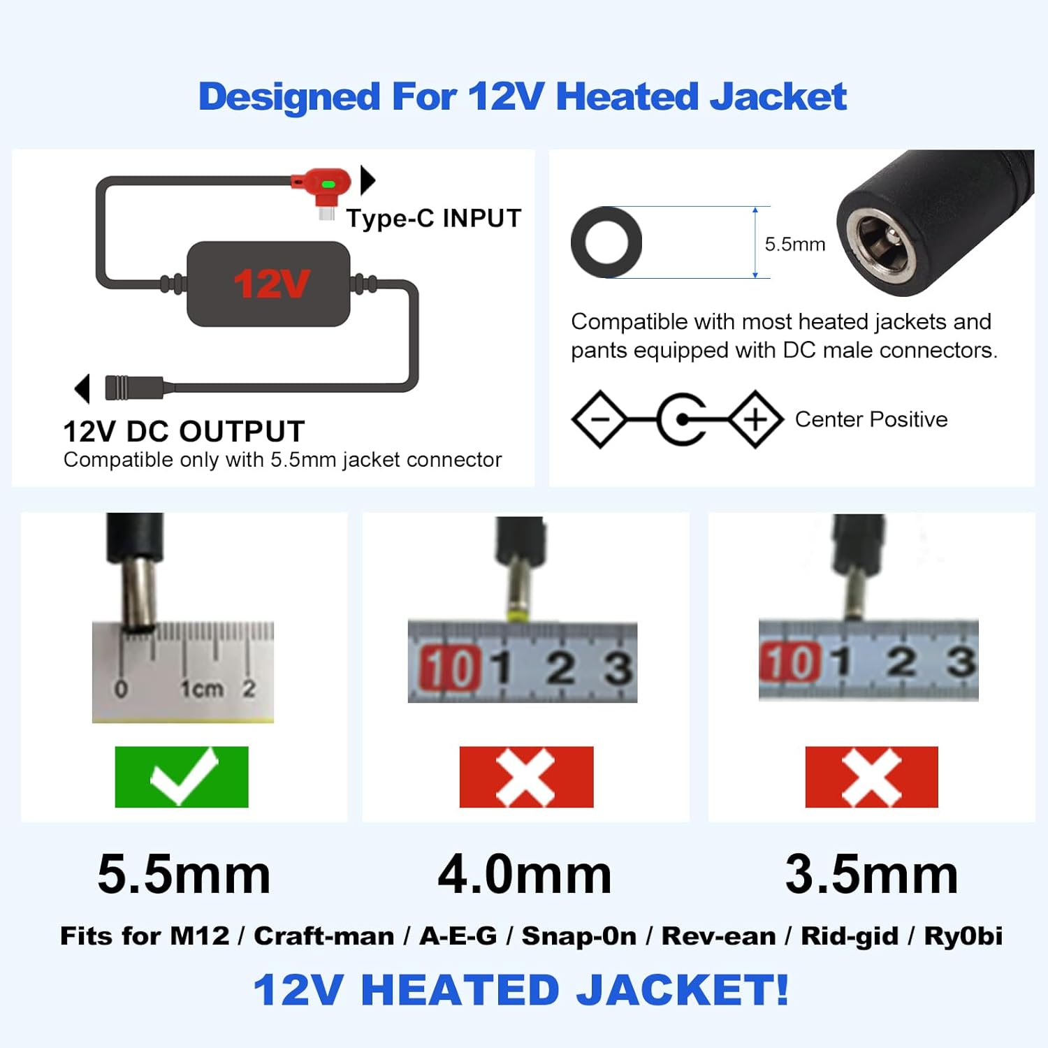 Heated Jacket Battery Replacement QC3.0 PD Power Bank with Type C to DC5.5mm Output 12V Step-Up Adapter Battery Cable for Milwaukee M12,Makita, Snap-on, Metabo, Craftsman, AEG
