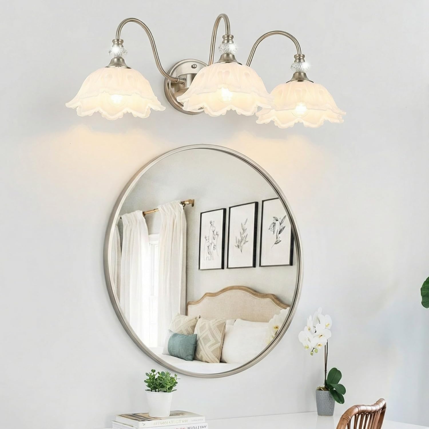 Brushed Nickel 3-Light Bathroom Vanity Light with Floral White Glass Shades, Brushed Nickel Wall Mount Lighting for Bathroom, Dressing Table