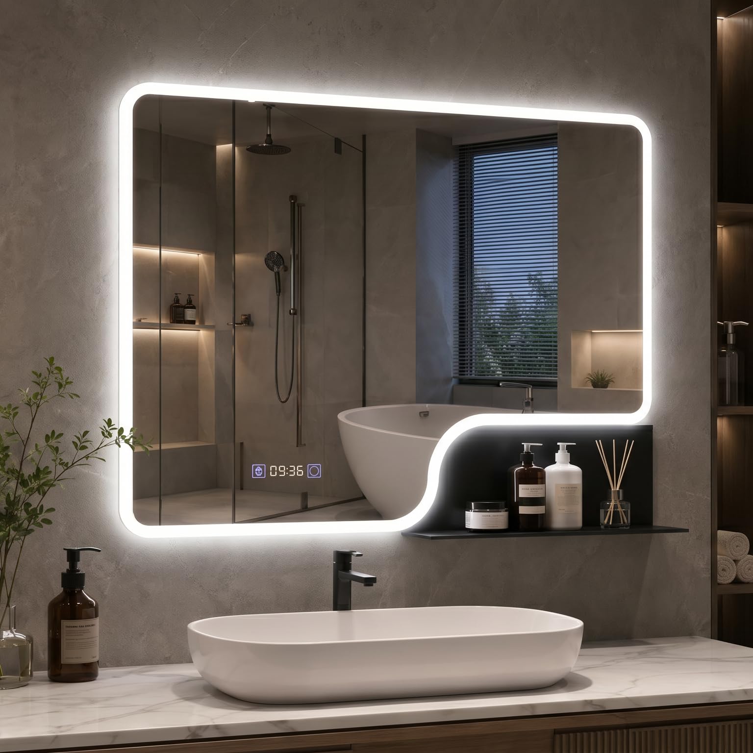 YOURLITE LED Badspiegel mit Beleuchtung und Ablage 80x60cm,Bad Spiegel Badezimmerspiegel Uhr,Wandspiegel mit Beschlagfrei,Touch-Schalter,3 Lichtfarben Dimmbar,Speicherfunktion