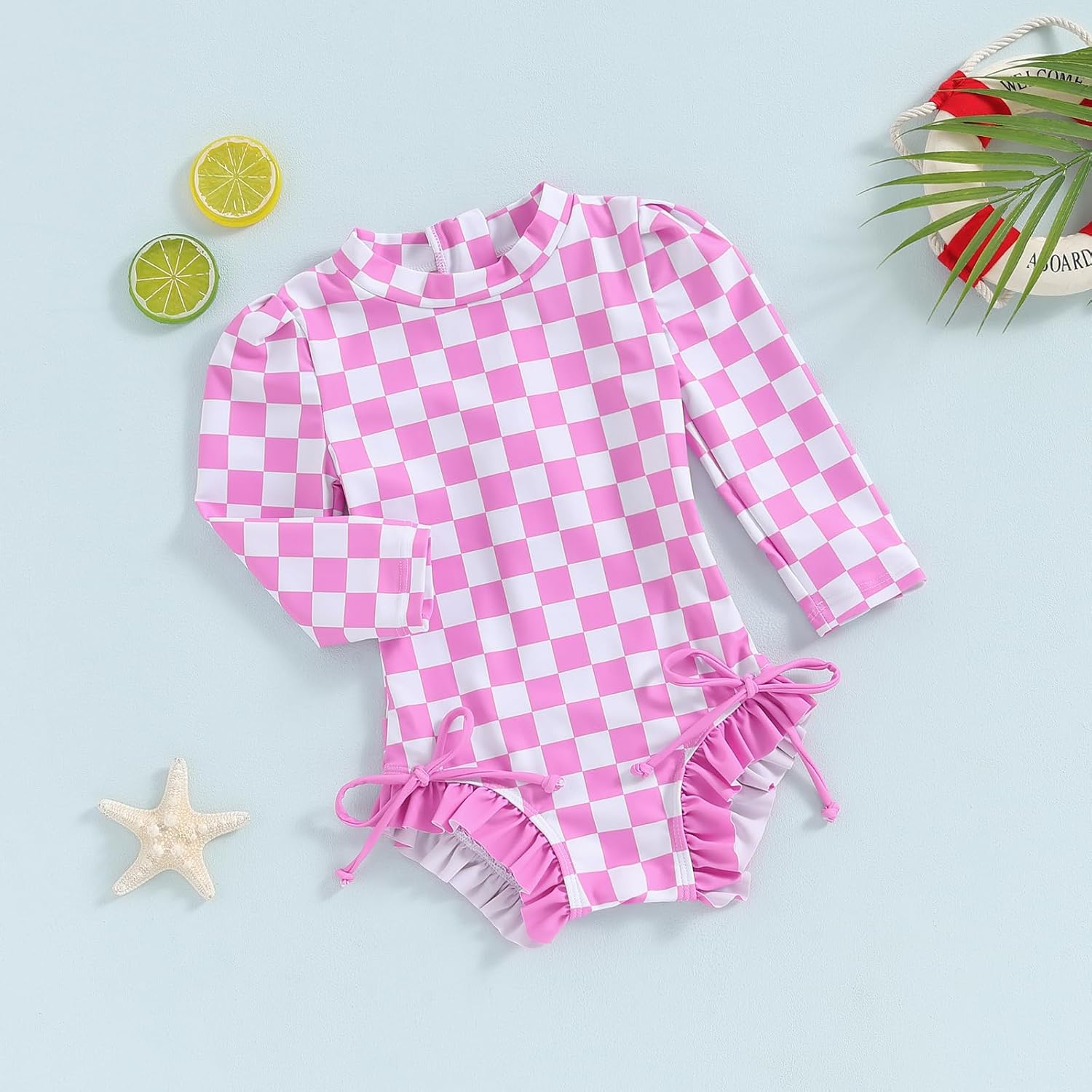 Yccutest Toddler Rash Guard One Piece Swimsuit Baby Girl Long Sleeve Ruffles Swimwear Zipper Bathing Suit Checkerboard Outfit