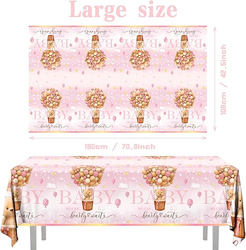 Miniatura 5 de Decoraciones de oso para baby shower, 3 manteles de oso de peluche rosa, mantel de oso de plástico para bebé, cubierta de mesa para niña, revelación