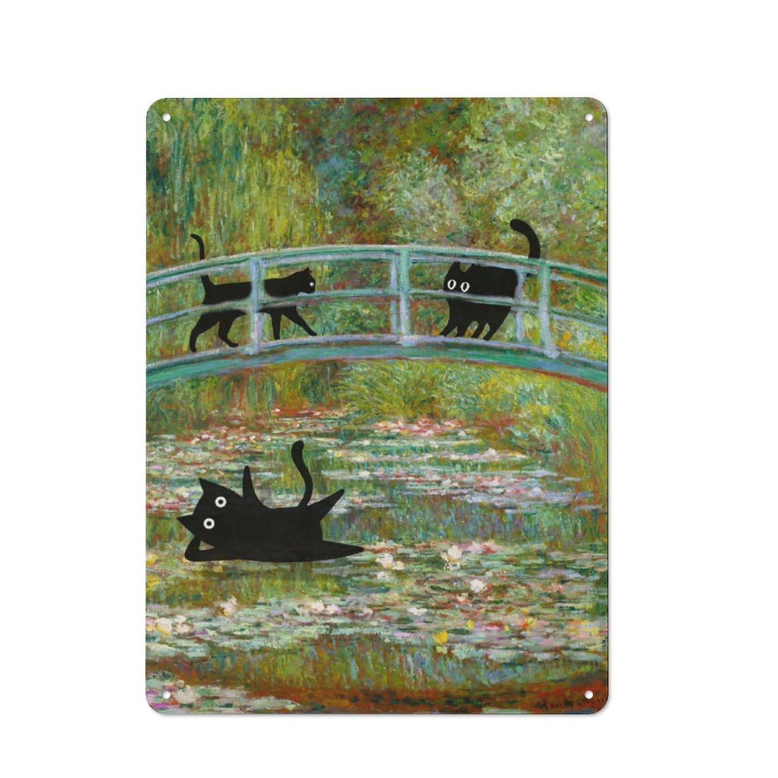 Junmoney Black Cat Monet Waterlily-1 Retro-Style Tin Sign 40X30cm Featuring Black Cat Monet Waterlily For Home Bar Wall, For Garage, Workshop And Man Cave Decoration