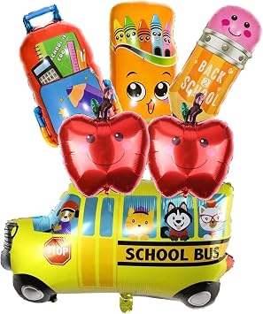 LYST 6Pieces Back to School Balloons, Colorful Schoolbag Pencil Crayon Box Foil Balloons, Bus House Apple Balloon for School & Teacher Party Supplies