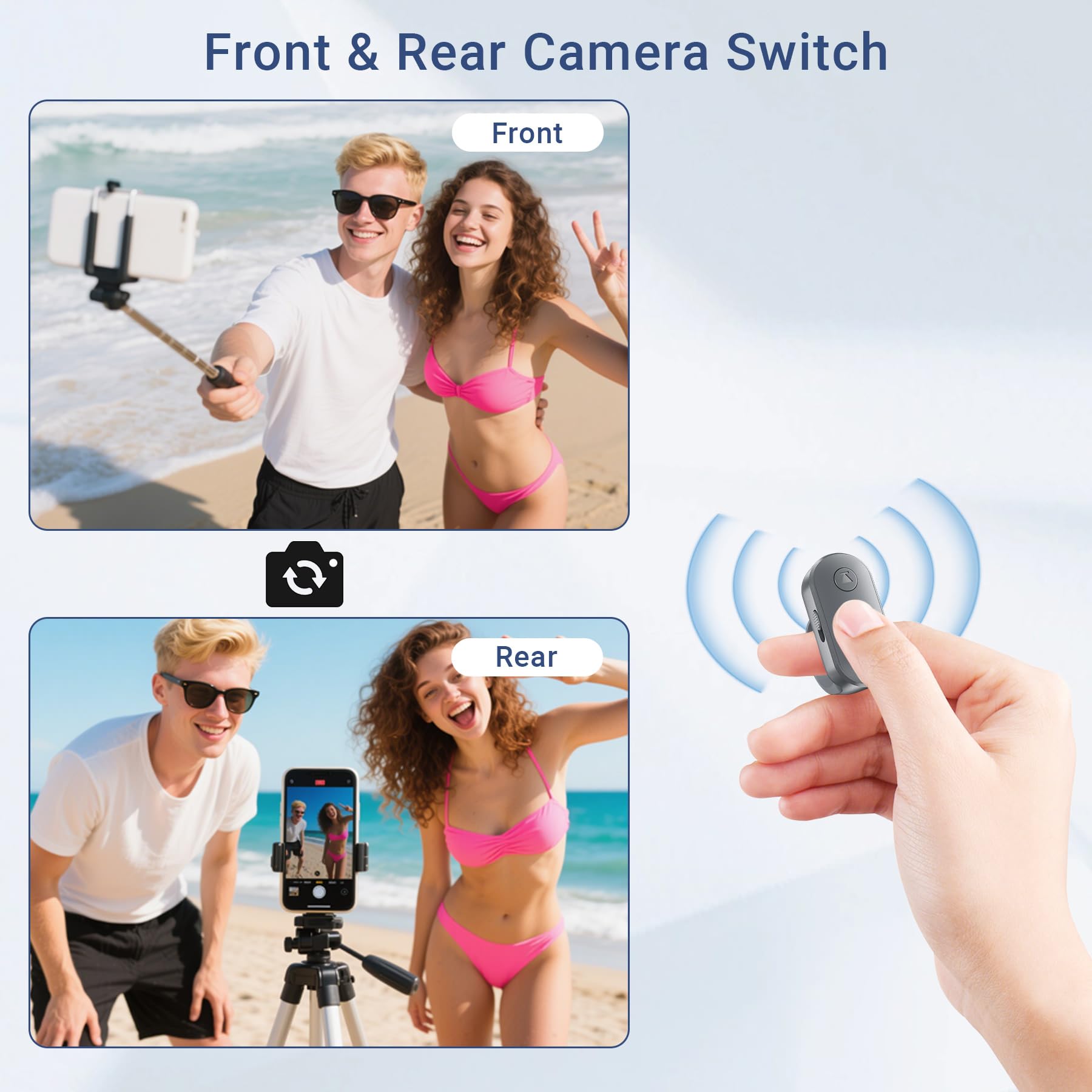 Telefonkamera-Ring-Fernbedienung mit Zoom/Out, wiederaufladbarer Auslöser mit Front-/Rückkameraschalter für iPhone, Android, iPad, Freisprech-Fernbedienung für Foto- und Videoaufnahmen, Content