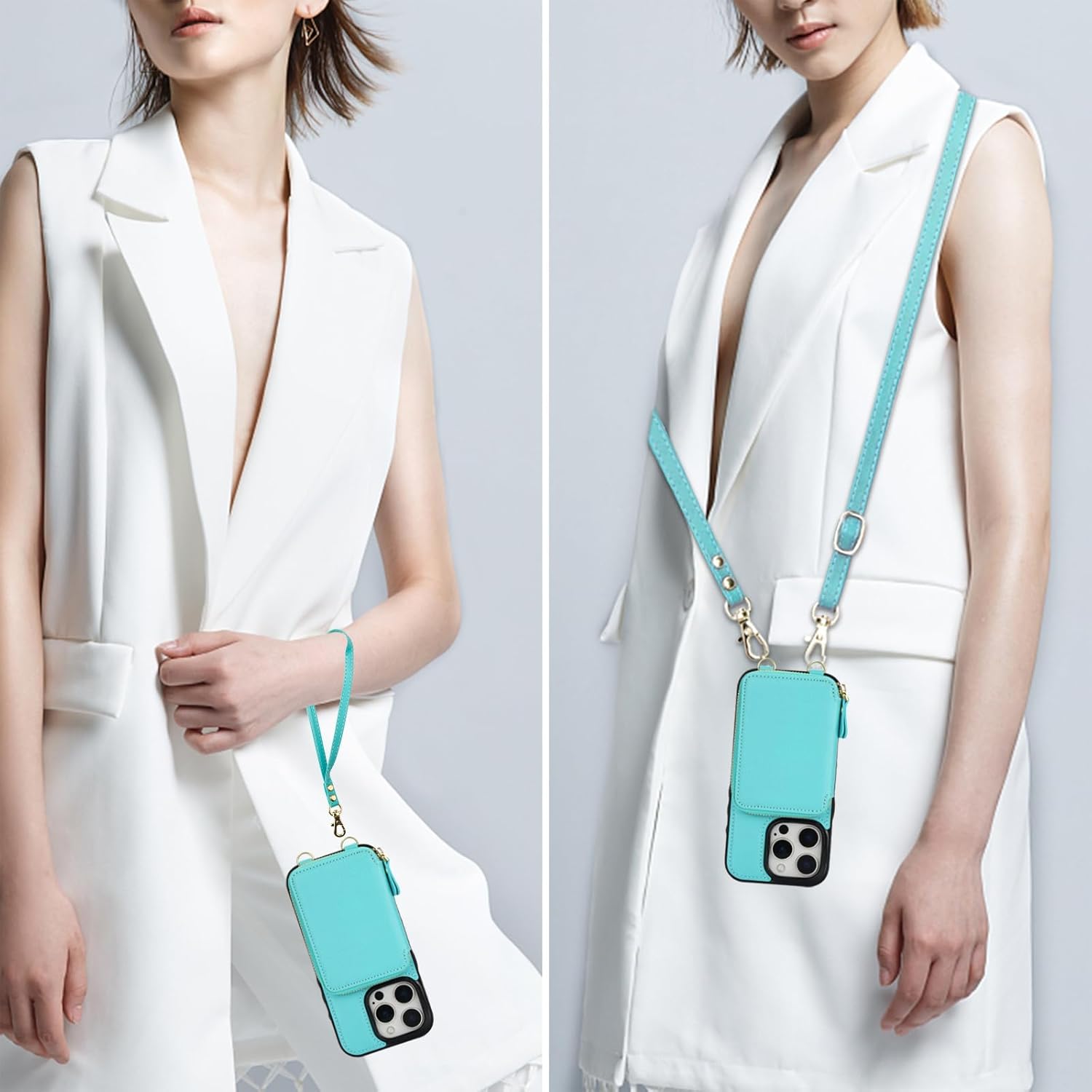 Bocasal RFID Blocking Wallet Case for iPhone 16 Pro, Adjustable Crossbody Zipper Purse Case Card Holder with Kickstand Detachable Wrist Strap, PU Leather Flip Folio Case 6.3 Inch 5G (Mint Green)