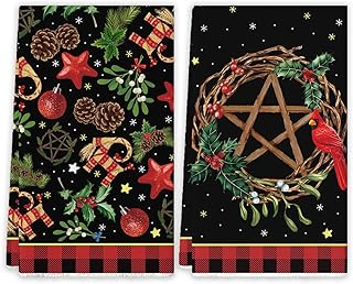 Yule Christmas Kitchen Towels - Pagan Decorations, Dish Towels, Scandinavian Straw Goat Julbock, Mistletoe, New Year Xmas Decor for Home Party