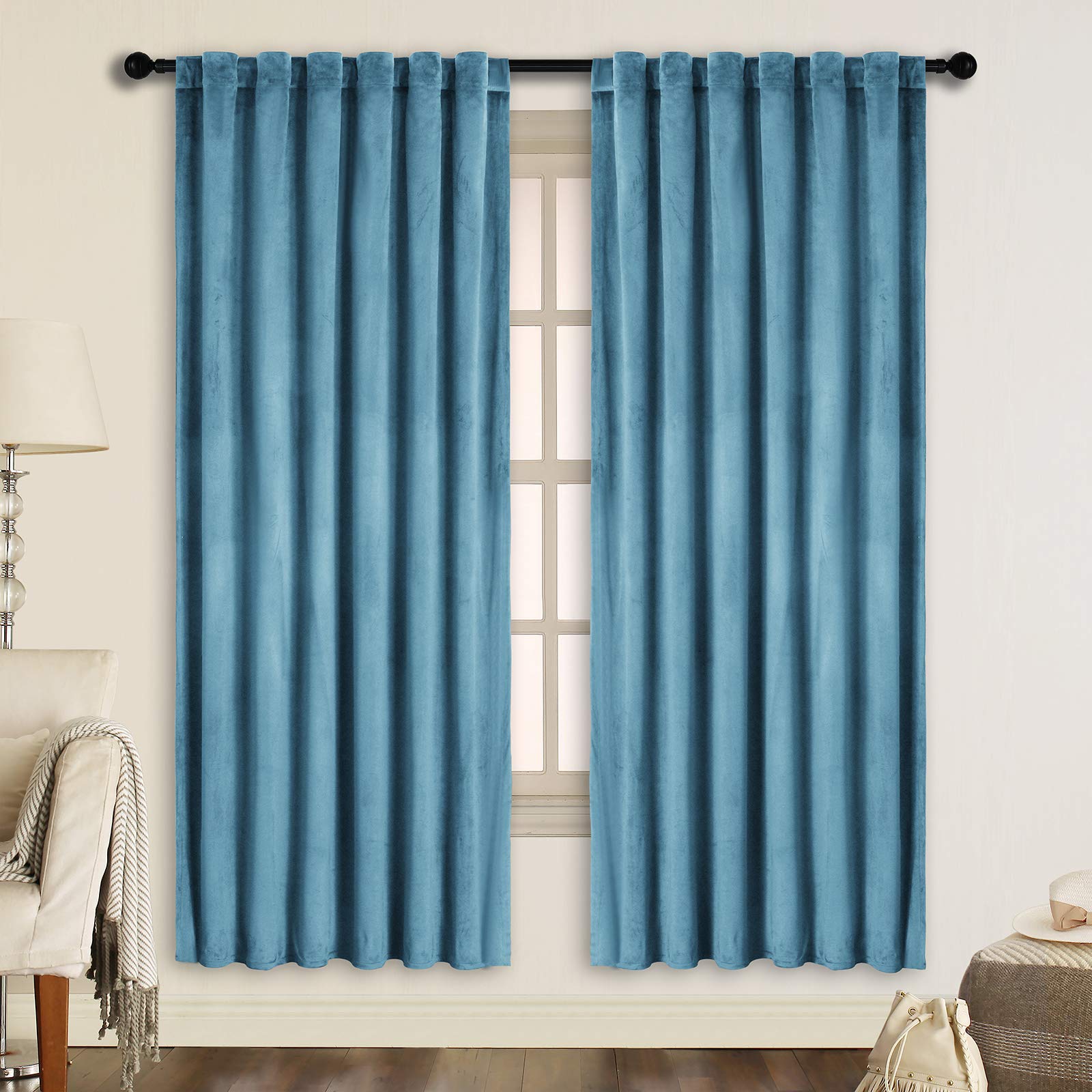 SNITIE Sky Blue 72 in Long Velvet Curtains with Back Tab and Rod Pocket Soft Privacy Light Filtering Velvet Drapes for Bedroom and Living Room, Set of 2 Panels, 52 x 72 Inches Long
