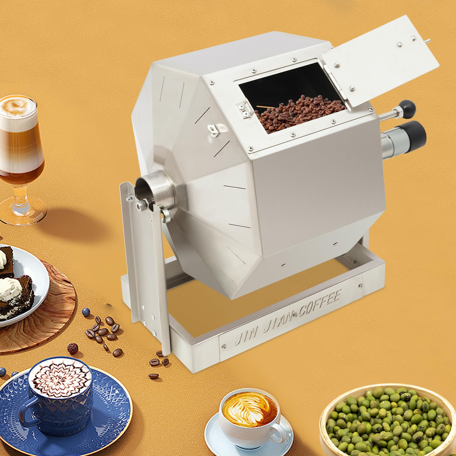 Commercial Coffee Bean Roaster Machine, 3.83Gal Stainless Steel Coffee Roaster for Home & Business, 5-45 RPM Adjustable Speed with Motor, Gas Stove-Compatible