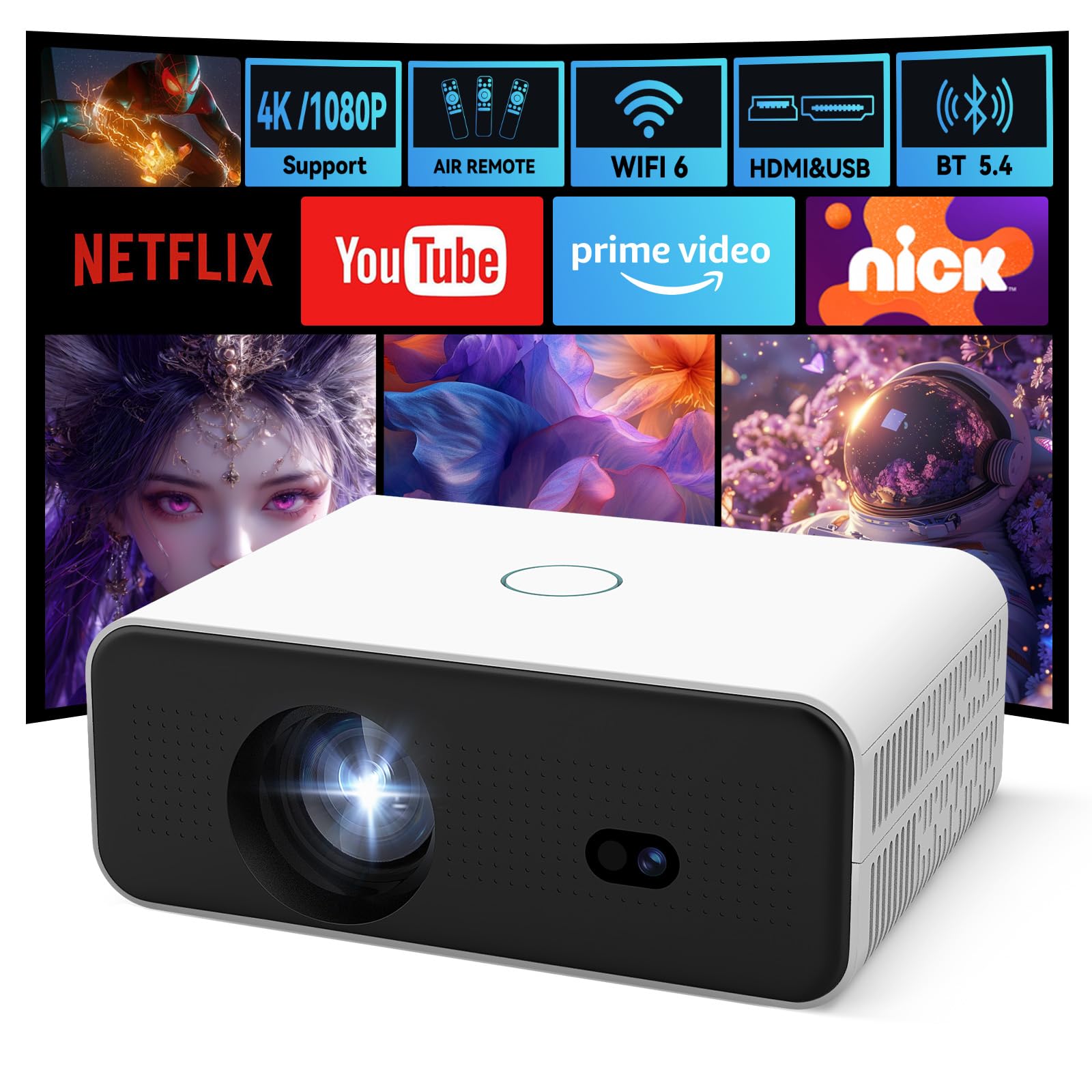 LYNCAST Smart Projector with 5G WiFi 6 and Bluetooth 5.4 Built-in