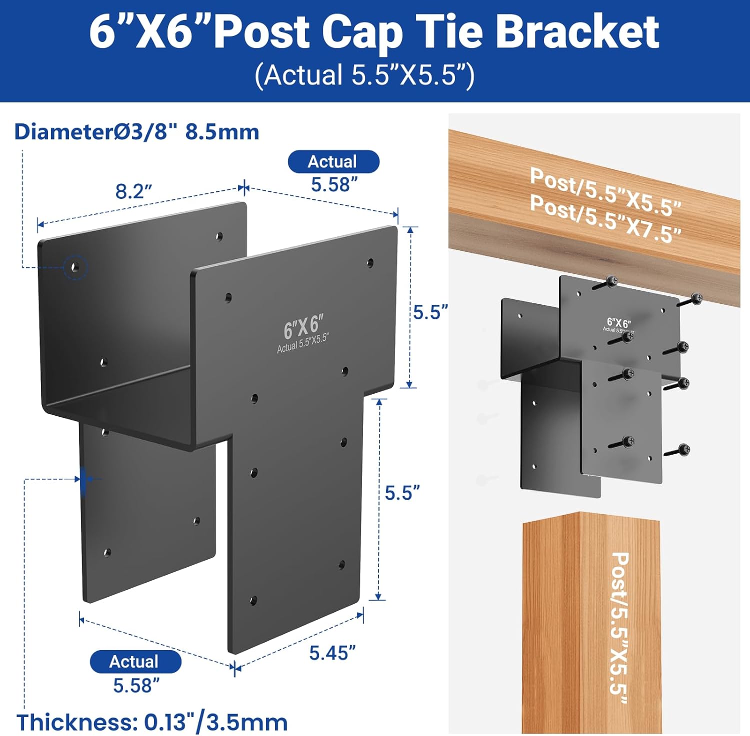 2-Pack 6x6 Post Cap Tie Brackets (Actual 5.5"x5.5"), Ultra-Heavy Duty 3.5mm Stainless Steel Pergola Brackets, Rustproof Post to Beam Connector Hardware for Gazebo, Deck, Patio Construction (Dark Gray)