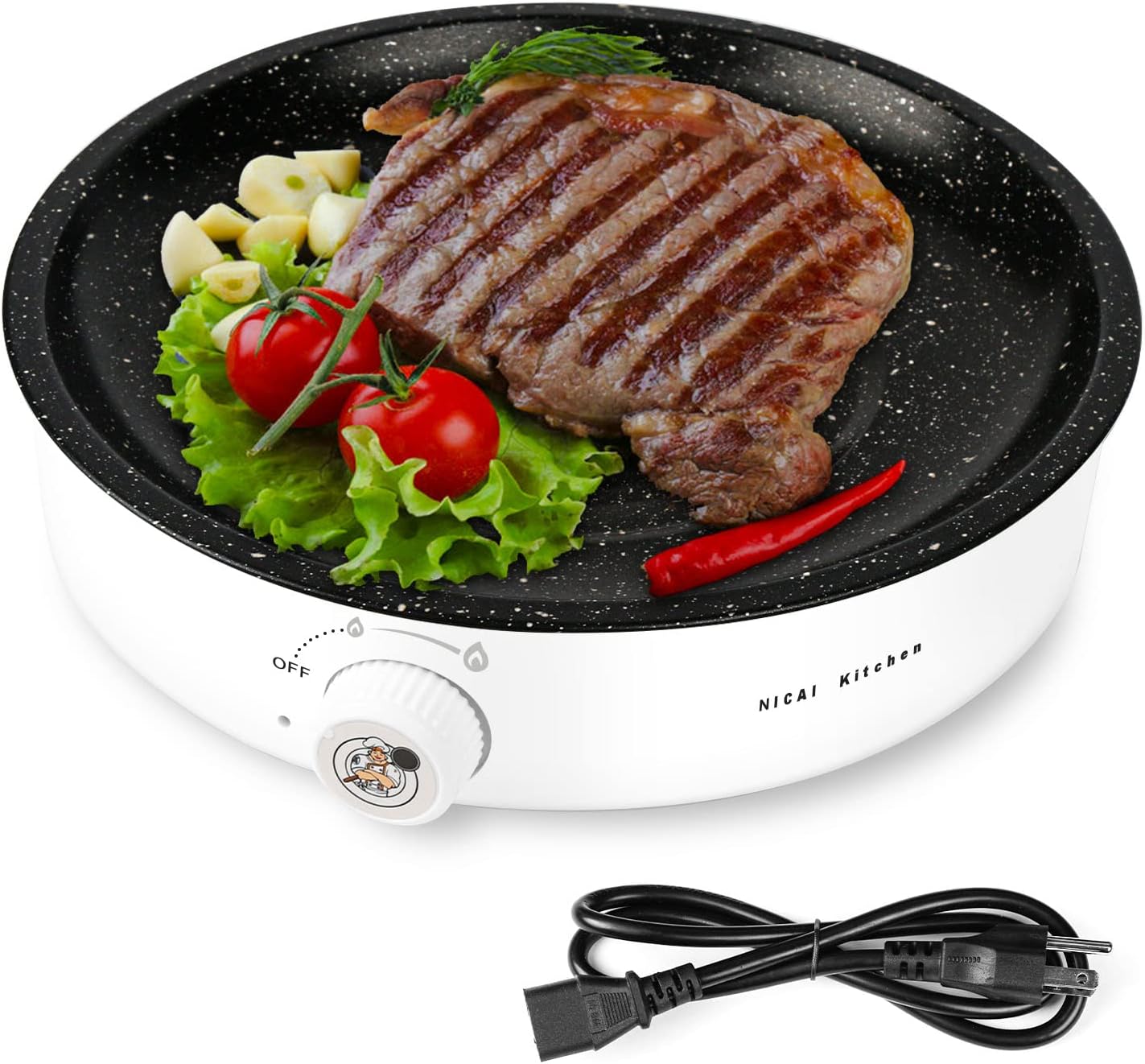 Electric BBQ Grill,Smokeless Indoor Coated Griddle Pan,10 Inch Round Nonstick Plate Portable, Medical Stone Coating Easy Cleaning,Grilling Surface Perfect for Cooking BBQ and Party Barbecue