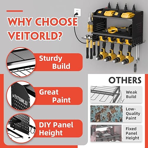 Miniatura 5 de Veitorld Organizador de herramientas eléctricas con estación de carga, 4 soportes para taladros, estante de almacenamiento de herramientas