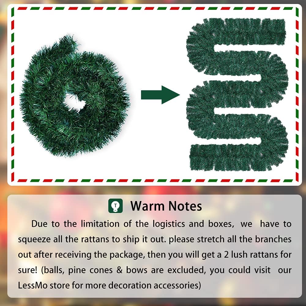 LessMo 16.4 Feet Christmas Garlands Decorations, Green Artificial Greenery Tree Branch with 2 Pack LED Lights, for Outdoor or Indoor Fireplaces Stair Garden Yard Christmas Party Decor
