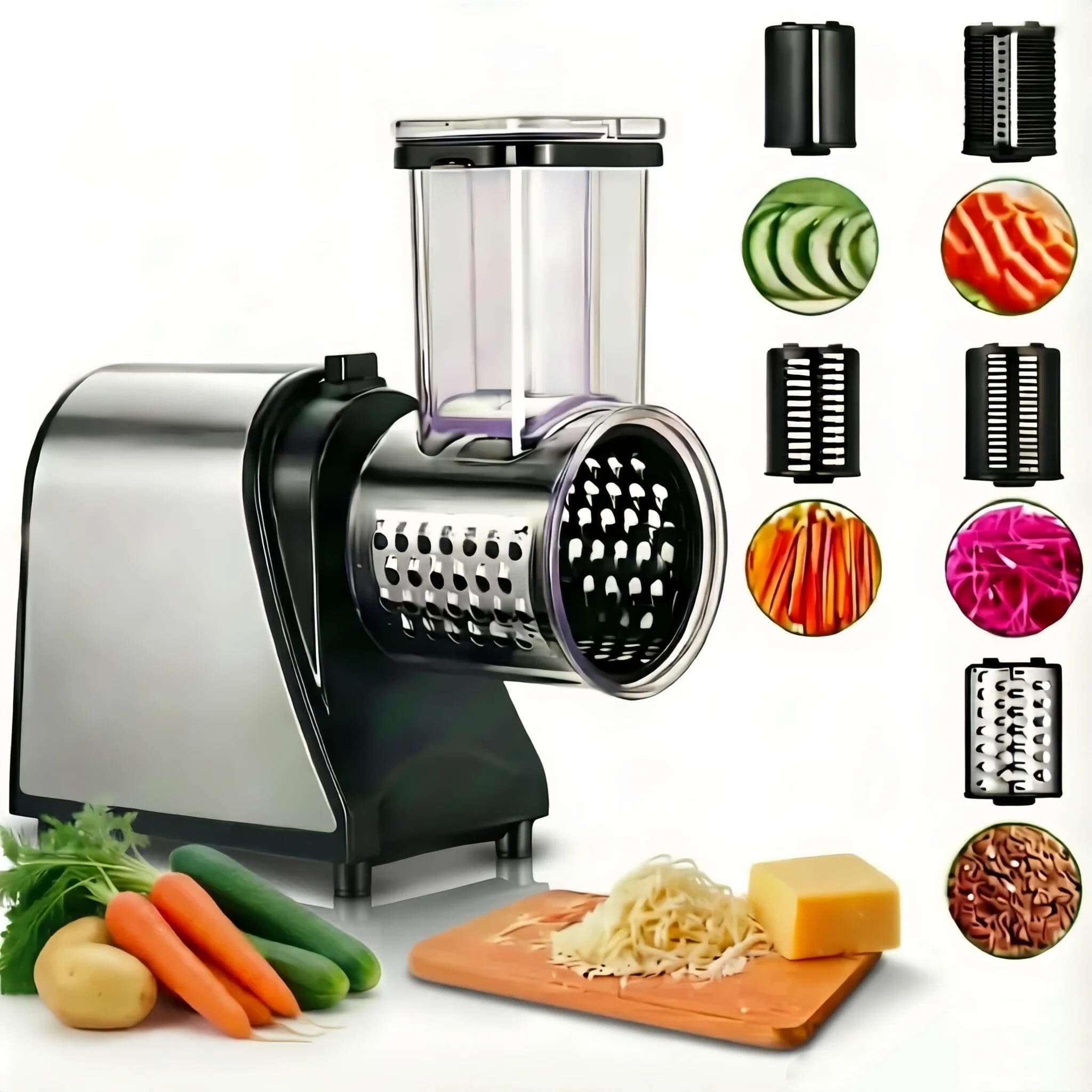 5 in 1 Elektrischer Gemüsehobel 250W mit großem Einfüllschlitz - Edelstahl | Profi Küchenreibe und 5 Klingen. Ideal für Obst, Gemüse, Käse und den täglichen Gebrauch