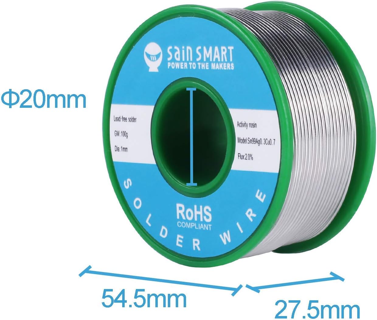 SainSmart 100g 1mm Lead Free Solder Wire with Rosin2 Sn97 Cu0.7 Ag0.3, Tin Wire Solder for Electrical Soldering (1mm, 100g /0.22lbs)